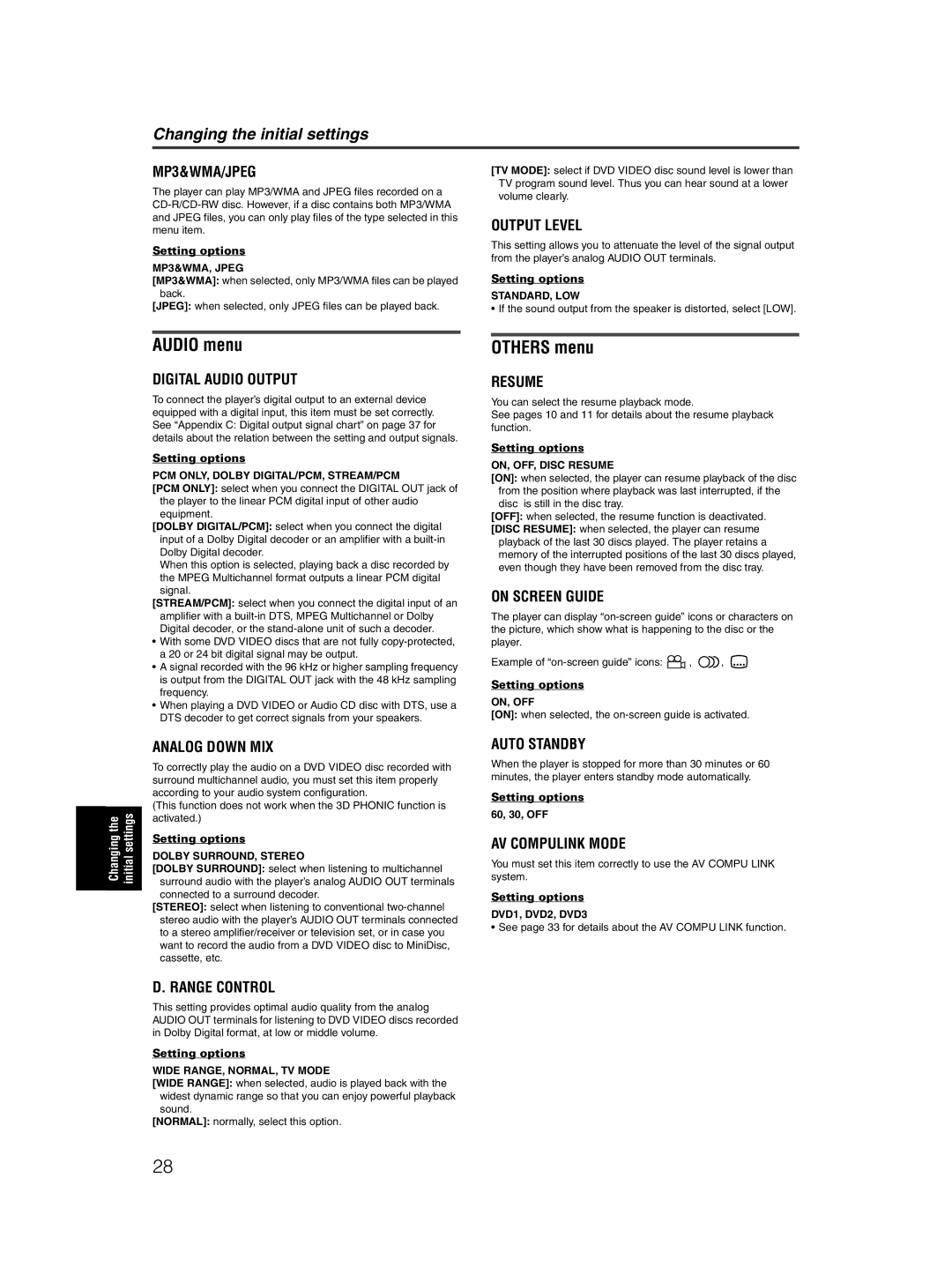 JVC XV-N50BK manual Audio menu, Others menu 