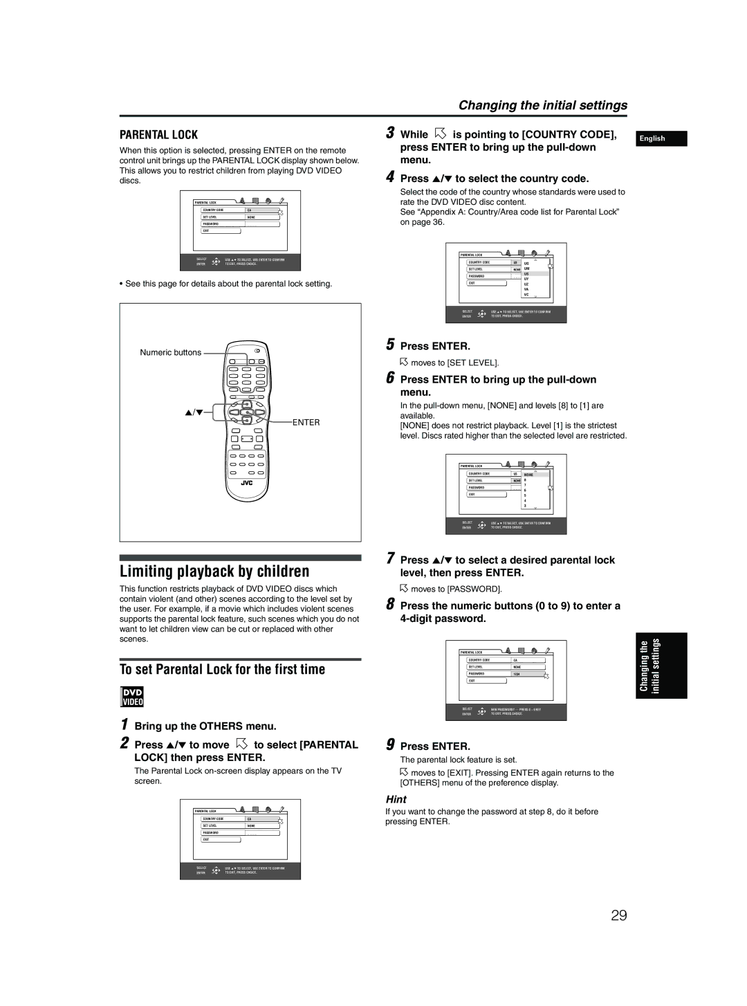 JVC XV-N50BK manual Limiting playback by children, To set Parental Lock for the first time, Bring up the Others menu 