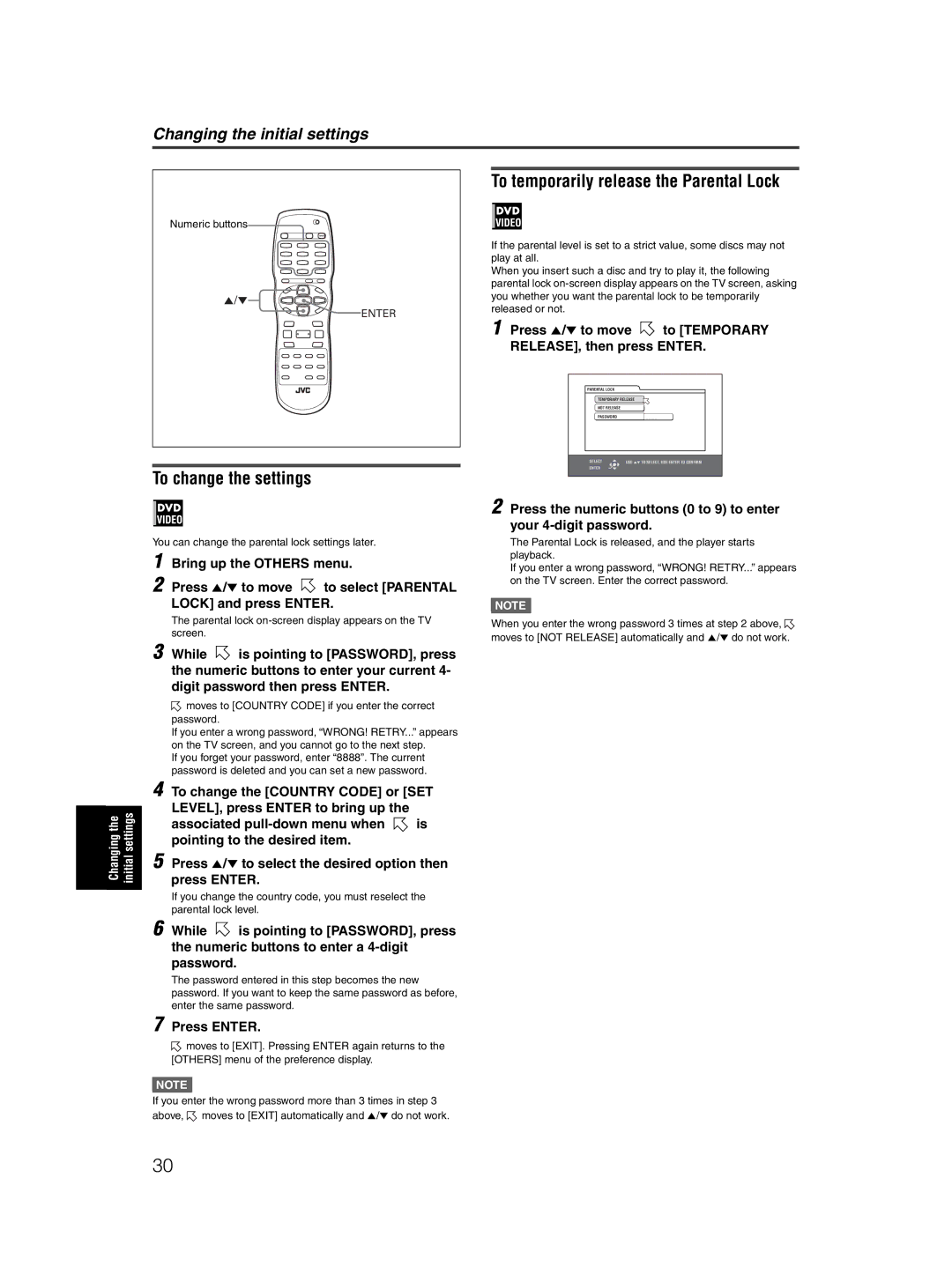 JVC XV-N50BK Press 5/∞ to move to Temporary RELEASE, then press Enter, You can change the parental lock settings later 