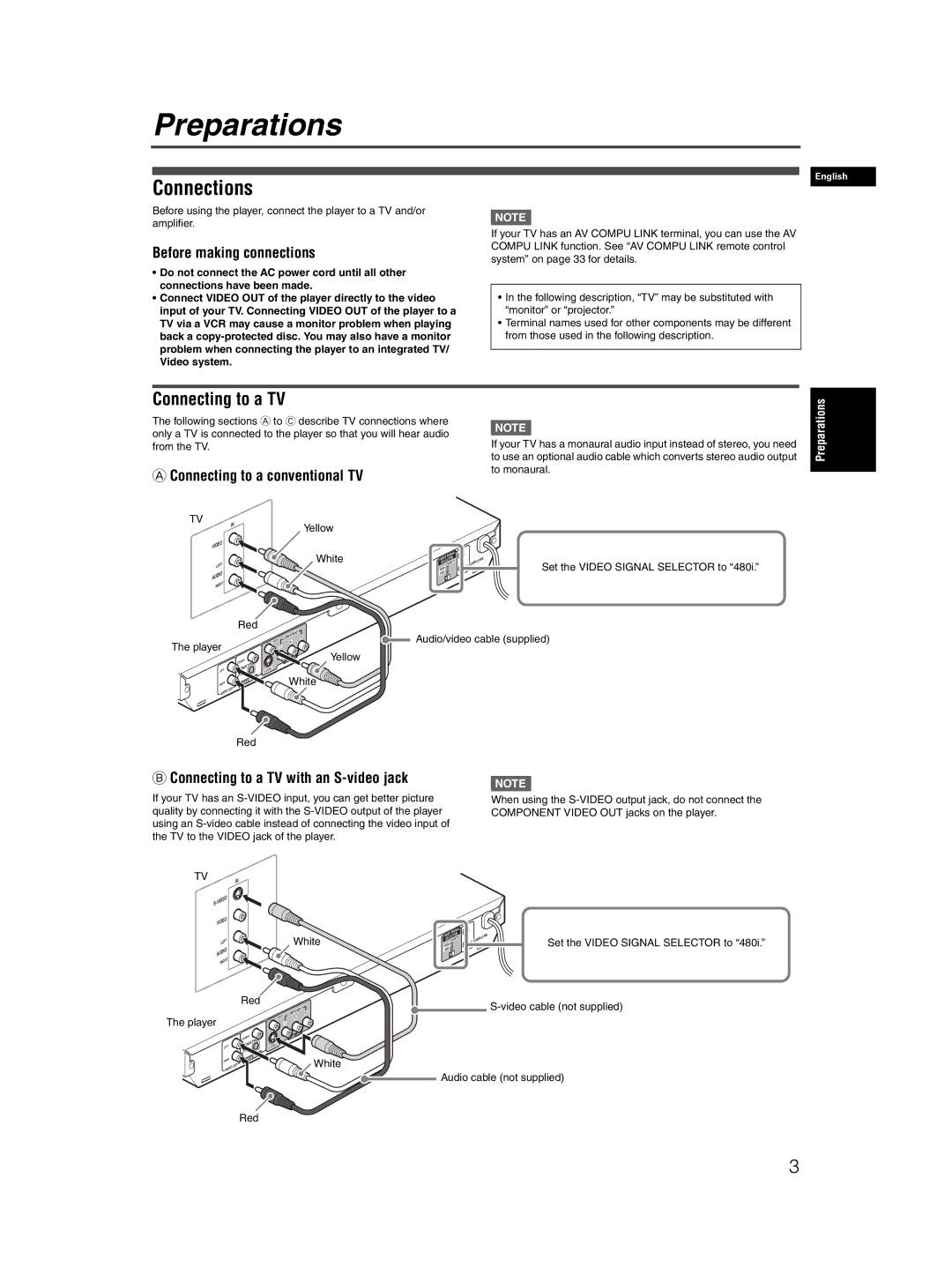 JVC XV-N50BK manual Preparations, Connections, Connecting to a TV 