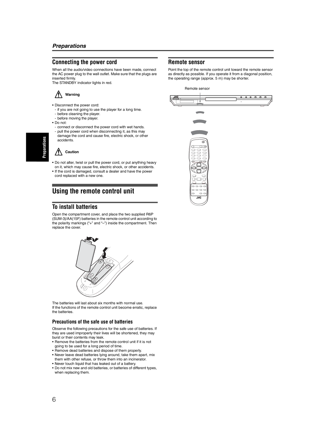 JVC XV-N50BK manual Using the remote control unit, Connecting the power cord, To install batteries, Remote sensor 