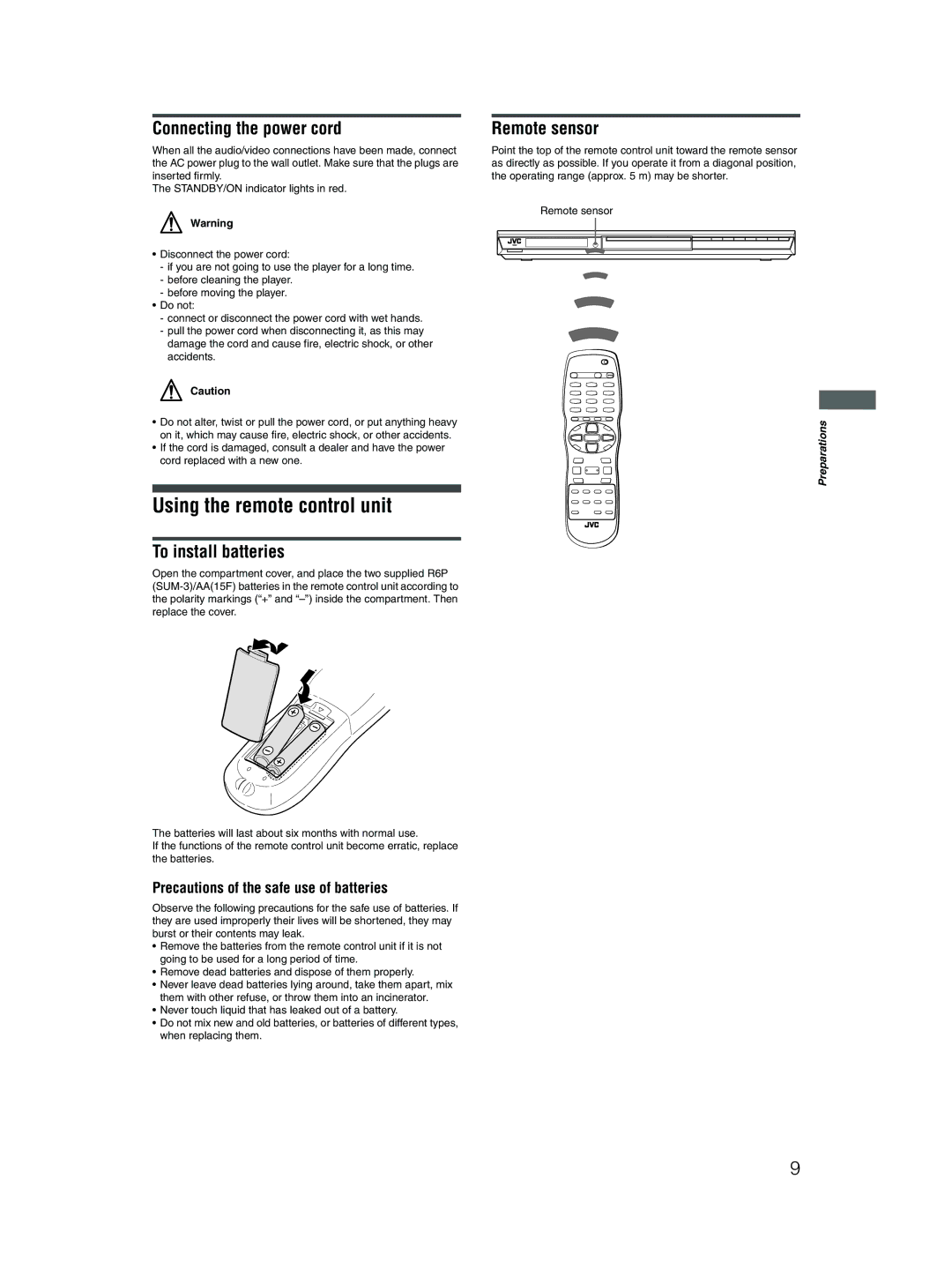 JVC XV-N512S manual Using the remote control unit, Connecting the power cord, To install batteries, Remote sensor 