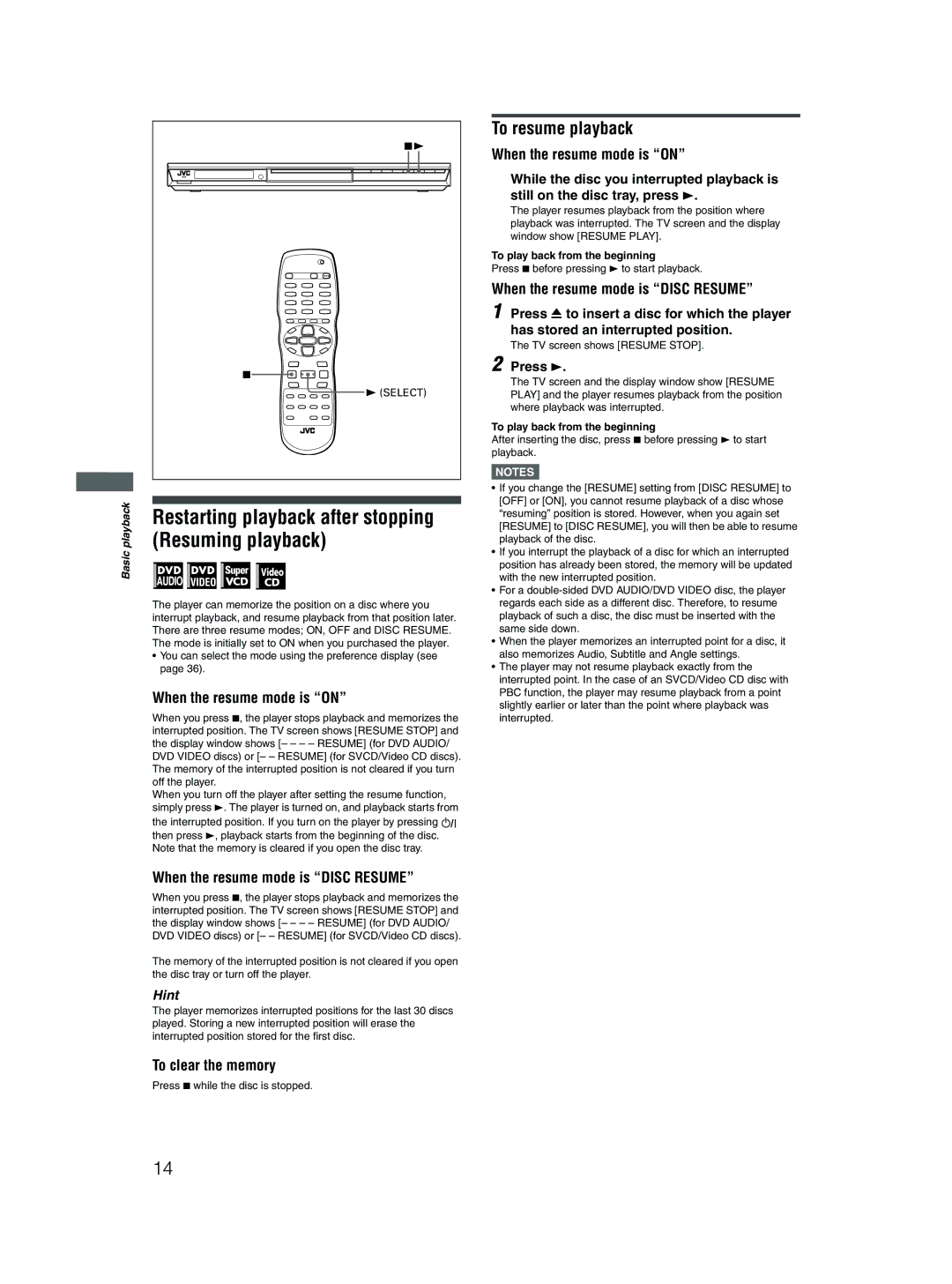 JVC XV-N512S To resume playback, When the resume mode is on, When the resume mode is Disc Resume, To clear the memory 