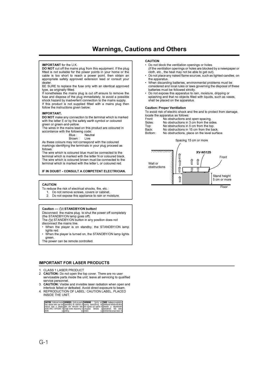 JVC XV-N512S manual Important for Laser Products 