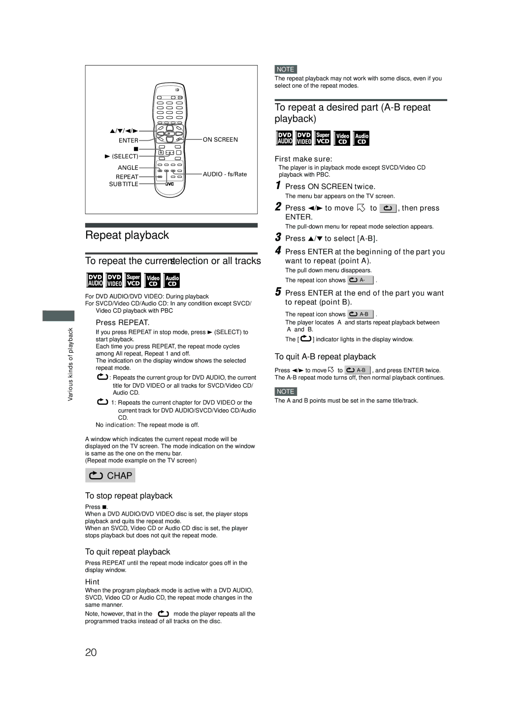 JVC XV-N512S manual Repeat playback, To repeat a desired part A-B repeat playback, To quit A-B repeat playback 