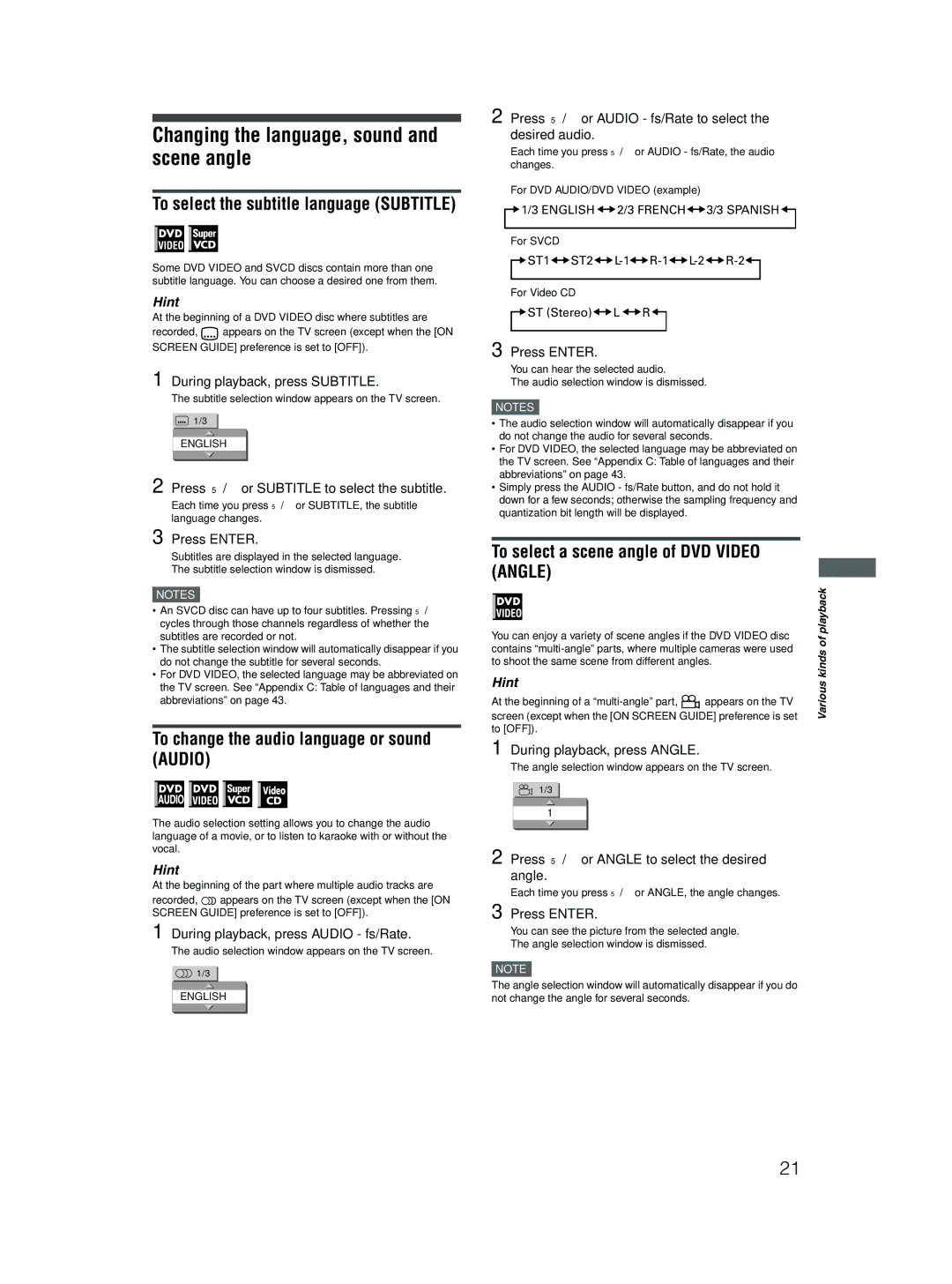 JVC XV-N512S manual Changing the language, sound and scene angle, To select the subtitle language Subtitle 