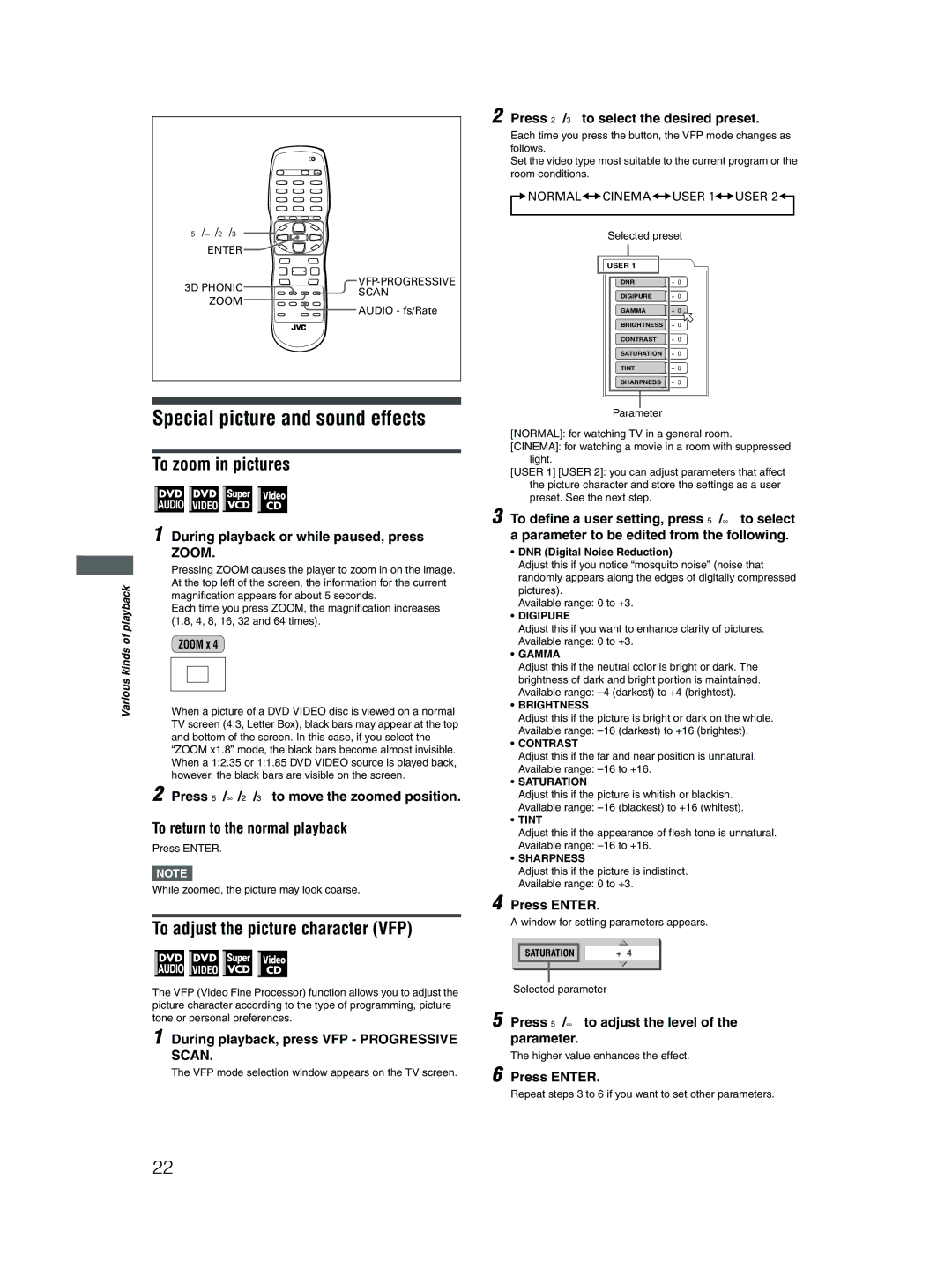 JVC XV-N512S manual Special picture and sound effects, To zoom in pictures, To adjust the picture character VFP 