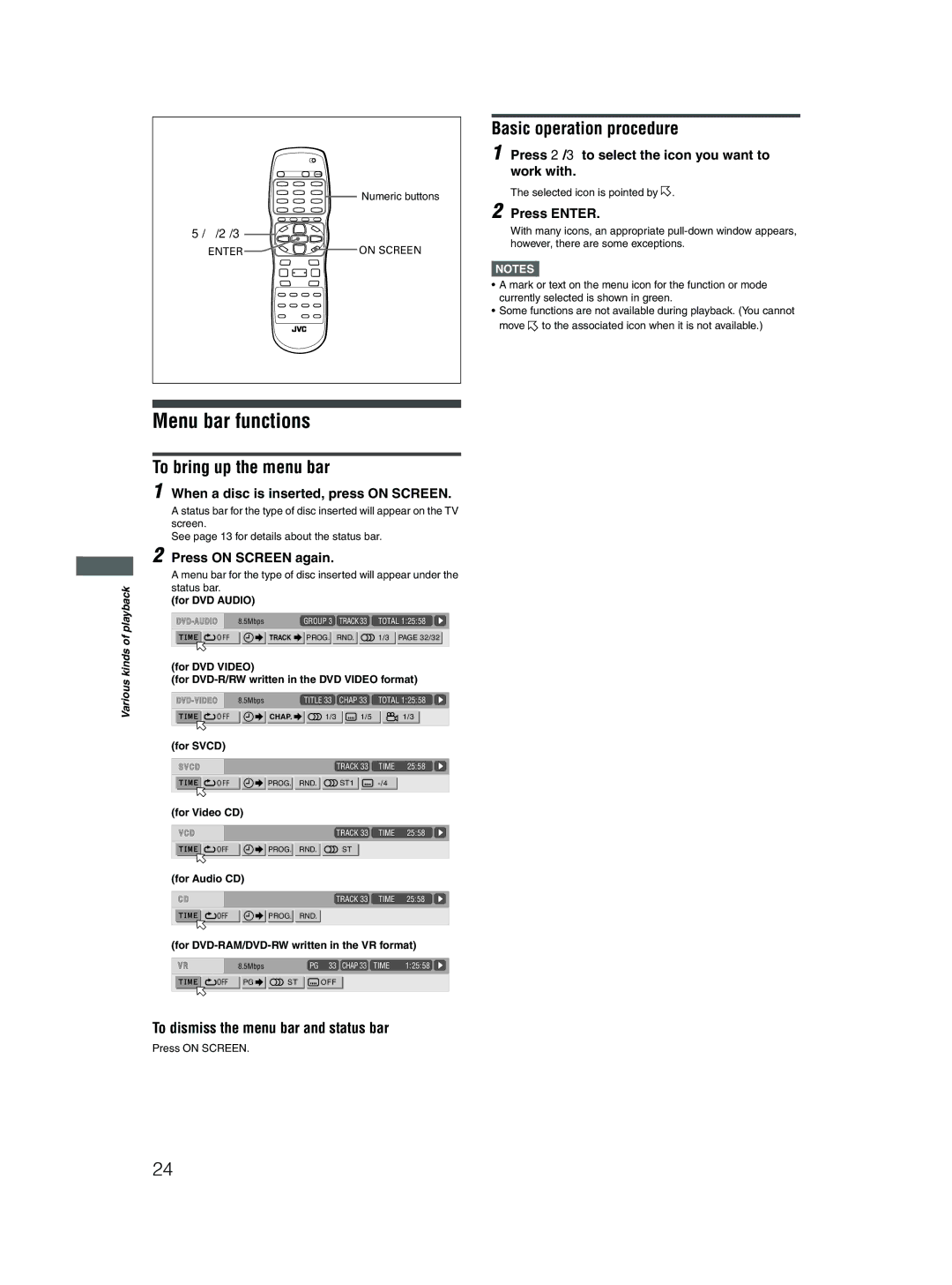 JVC XV-N512S manual Menu bar functions, Basic operation procedure, To bring up the menu bar 