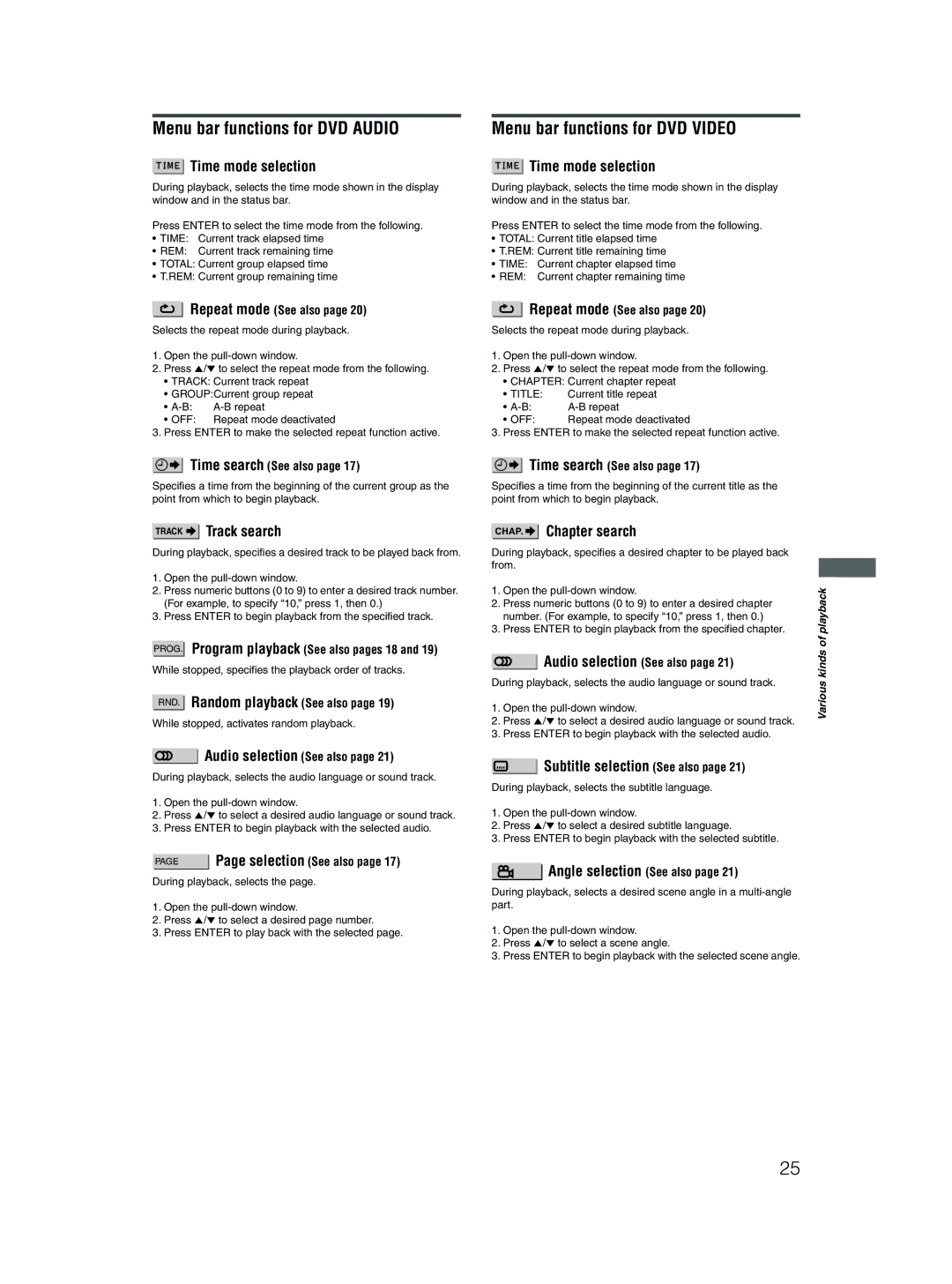 JVC XV-N512S manual Menu bar functions for DVD Audio, Time mode selection, Track Track search, CHAP. Chapter search 