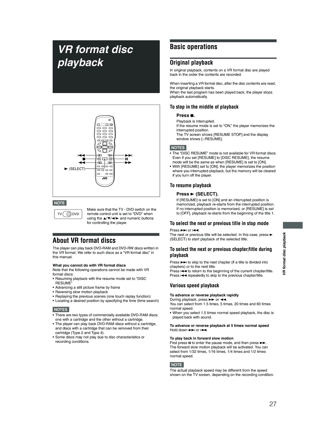 JVC XV-N512S manual VR format disc playback, About VR format discs, Basic operations, Original playback 