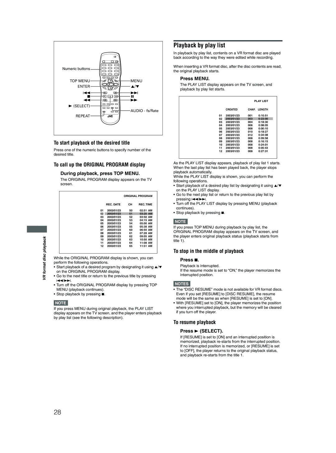 JVC XV-N512S manual Playback by play list, To start playback of the desired title, To call up the Original Program display 