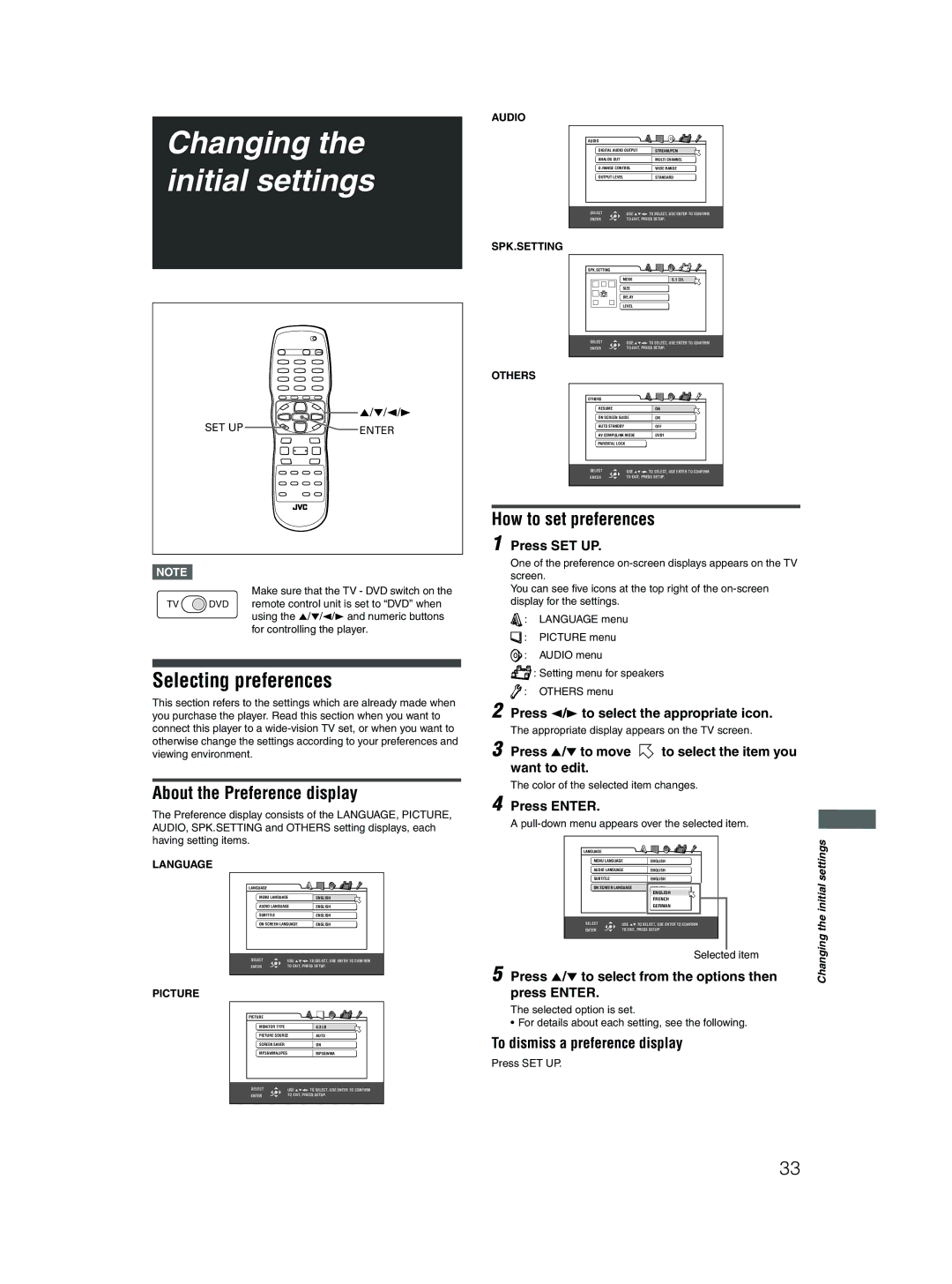 JVC XV-N512S Changing the initial settings, Selecting preferences, About the Preference display, How to set preferences 