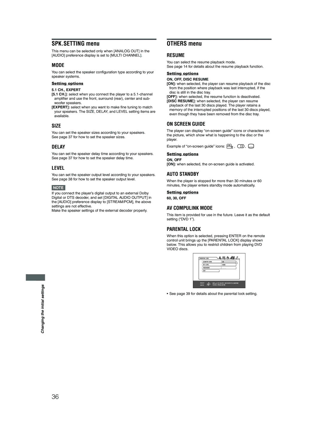 JVC XV-N512S manual SPK.SETTING menu, Others menu, CH., Expert, ON, OFF, Disc Resume 