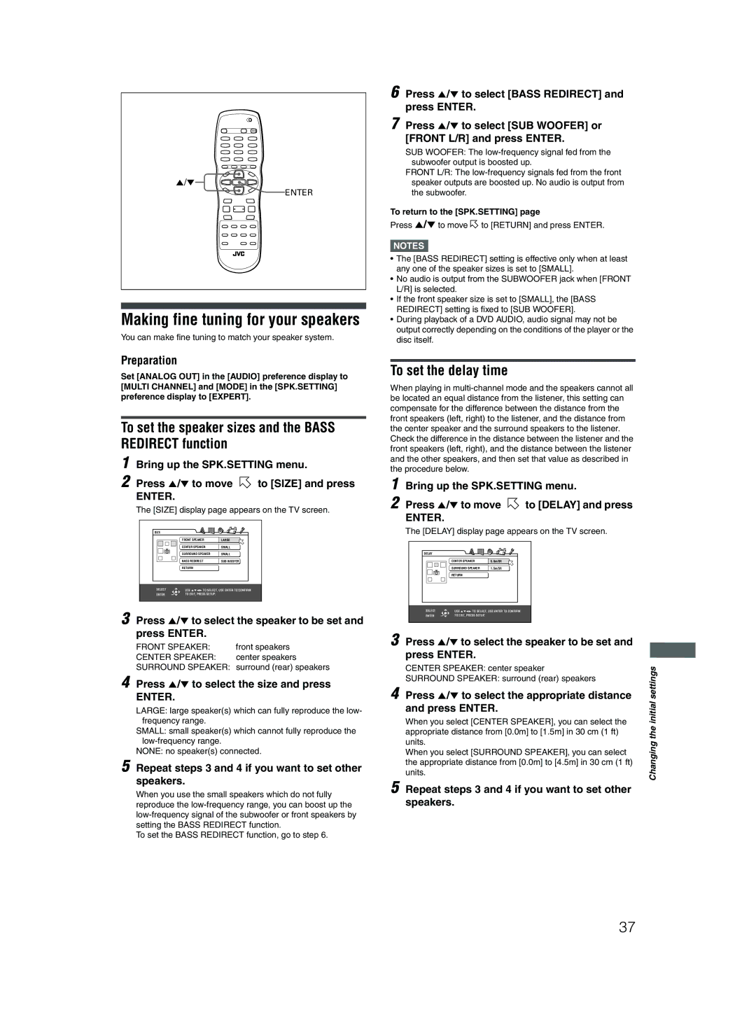 JVC XV-N512S manual To set the speaker sizes and the Bass Redirect function, To set the delay time, Preparation 