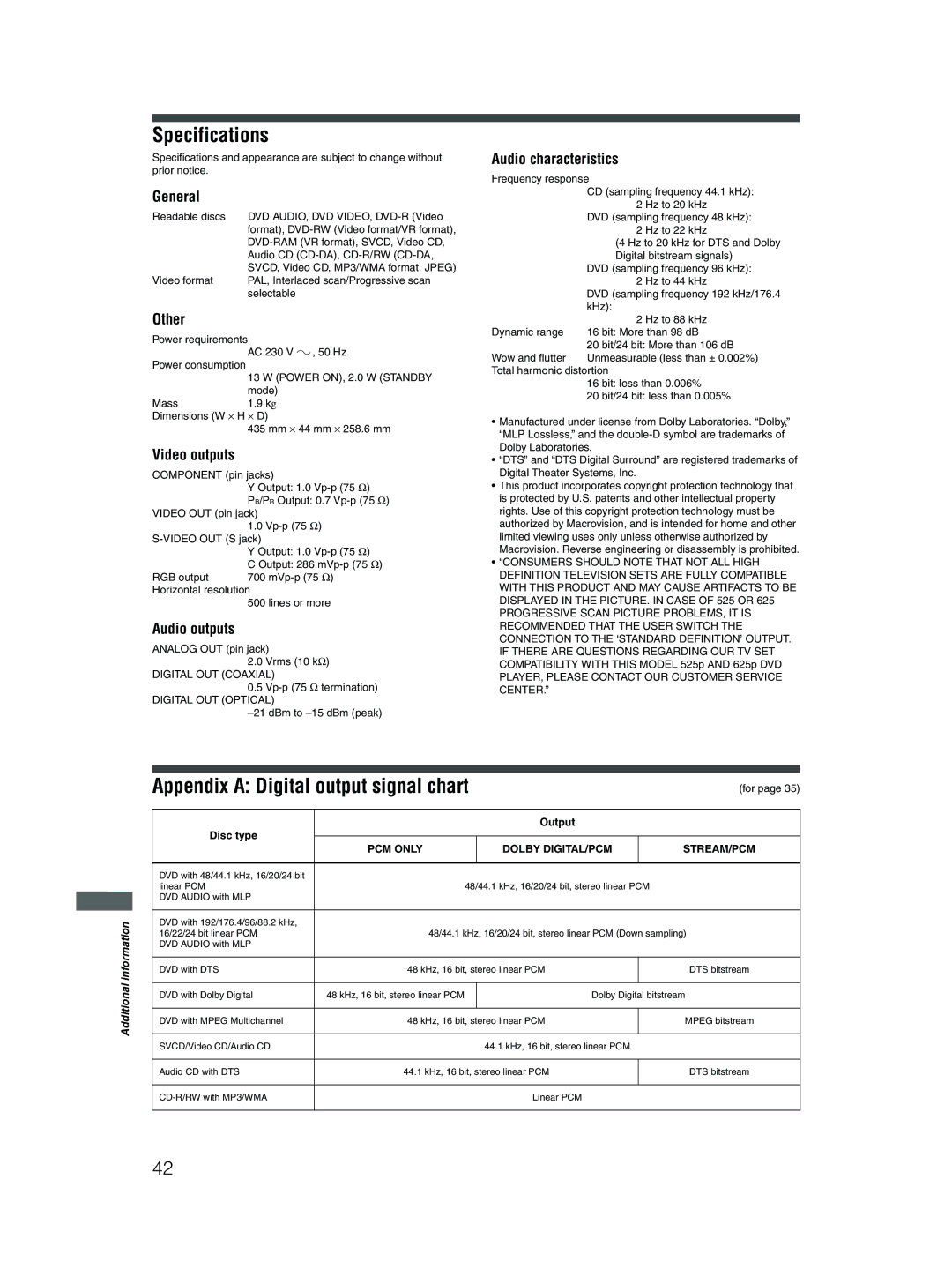 JVC XV-N512S manual Specifications 