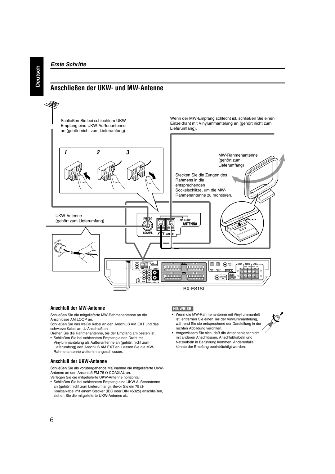 JVC XV-N55SL manual Anschließen der UKW- und MW-Antenne, Erste Schritte, Anschluß der MW-Antenne, Anschluß der UKW-Antenne 