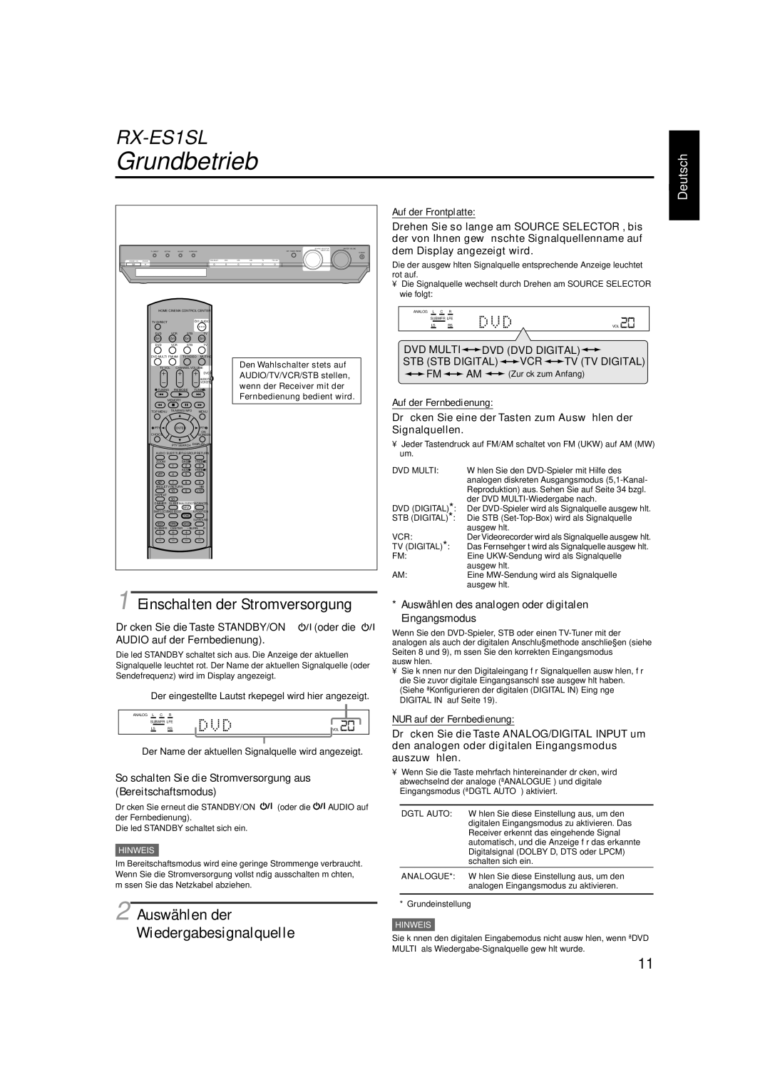 JVC XV-N55SL manual Grundbetrieb, Auswählen der, Wiedergabesignalquelle 