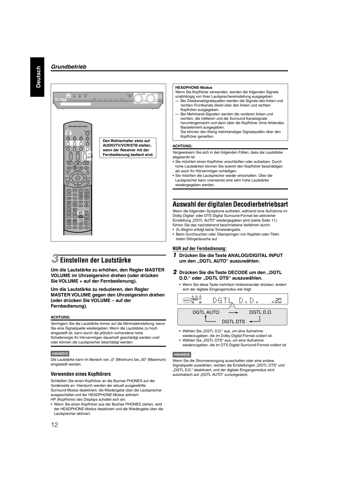 JVC XV-N55SL manual Einstellen der Lautstärke, Grundbetrieb, Verwenden eines Kopfhörers, HEADPHONE-Modus 