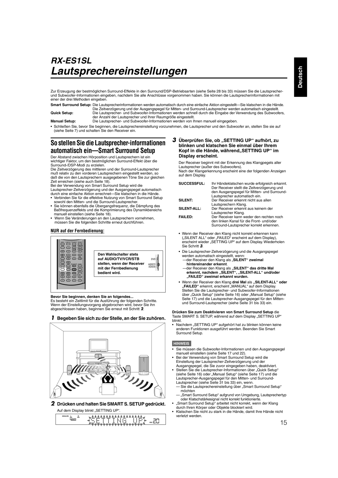 JVC XV-N55SL manual Lautsprechereinstellungen 