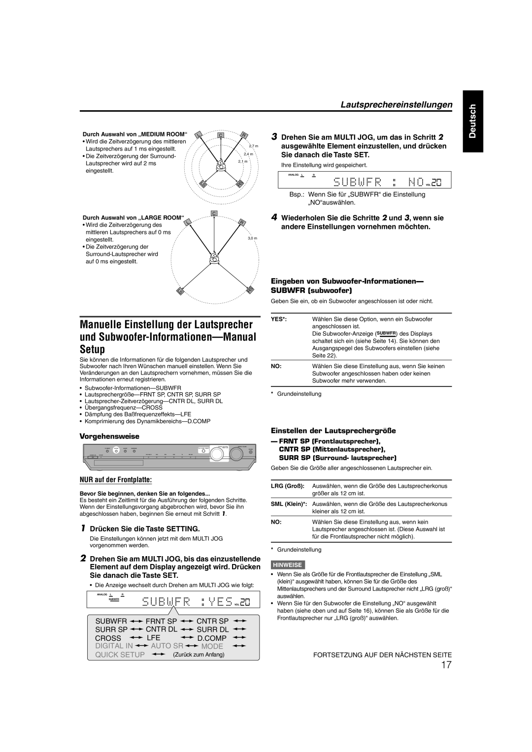 JVC XV-N55SL manual Vorgehensweise, Einstellen der Lautsprechergröße, Durch Auswahl von „MEDIUM Room 