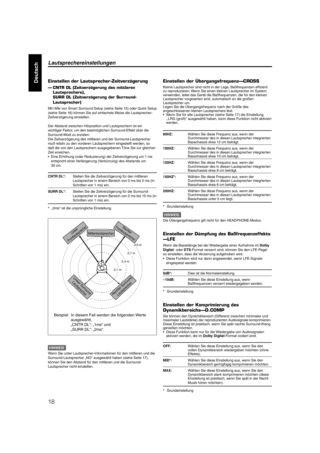 JVC XV-N55SL manual Einstellen der Lautsprecher-Zeitverzögerung, Einstellen der Übergangsfrequenz-CROSS 