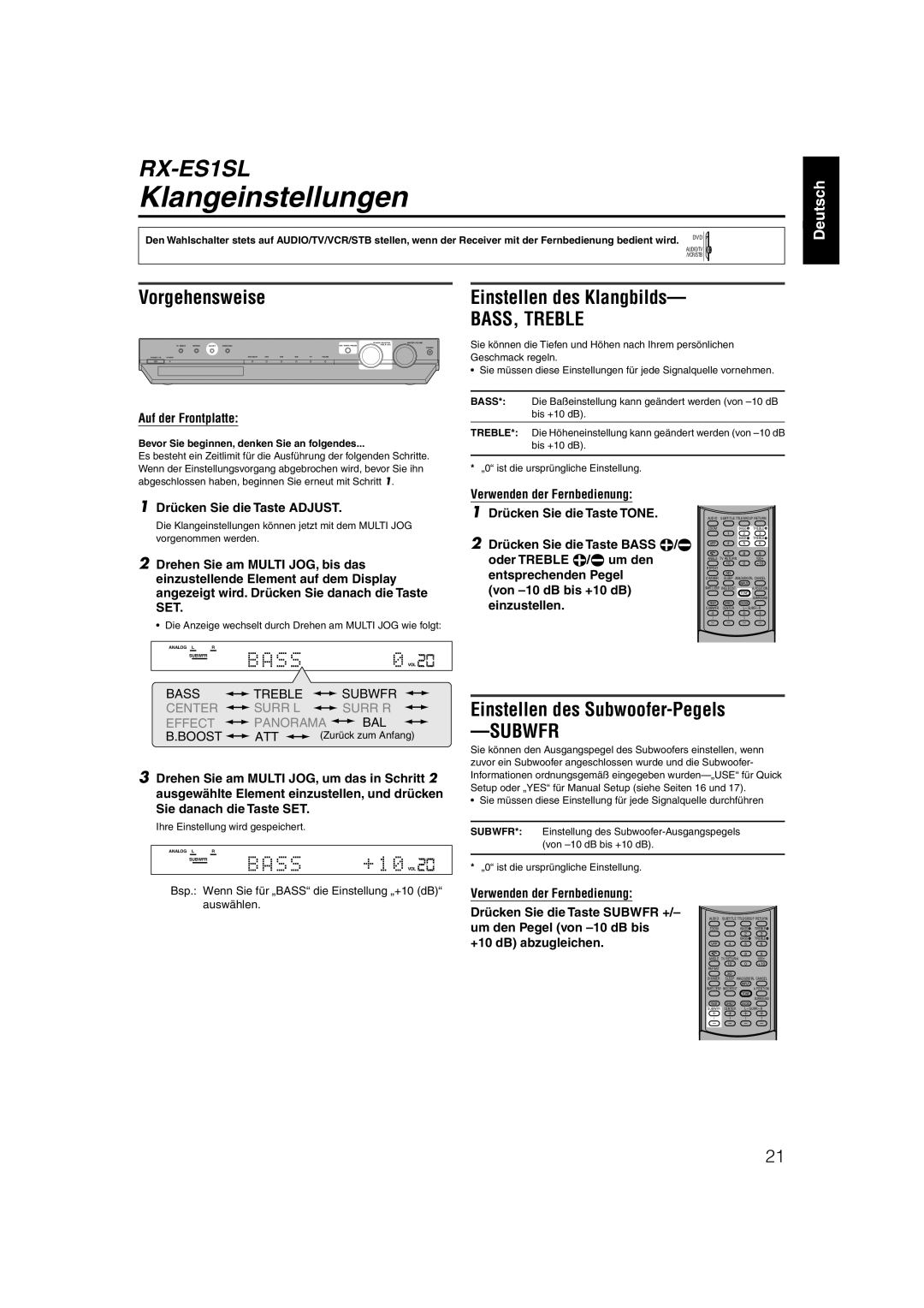 JVC XV-N55SL manual Klangeinstellungen, Einstellen des Klangbilds, Einstellen des Subwoofer-Pegels, Auf der Frontplatte 