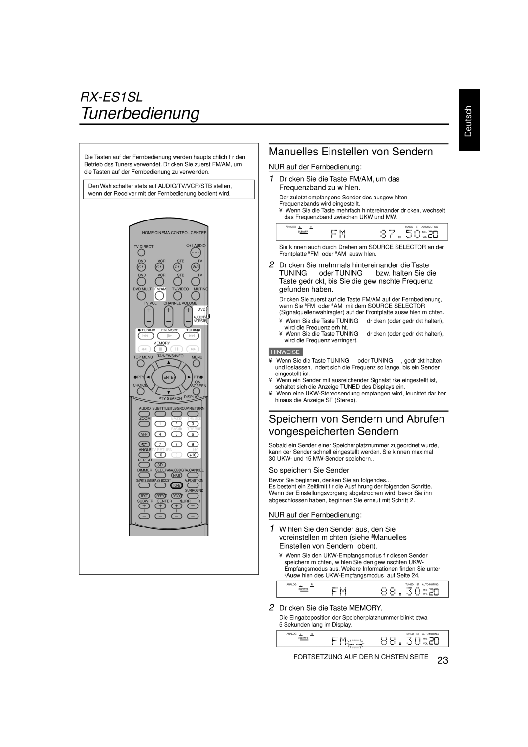 JVC XV-N55SL manual Tunerbedienung, Manuelles Einstellen von Sendern, So speichern Sie Sender, Drücken Sie die Taste Memory 