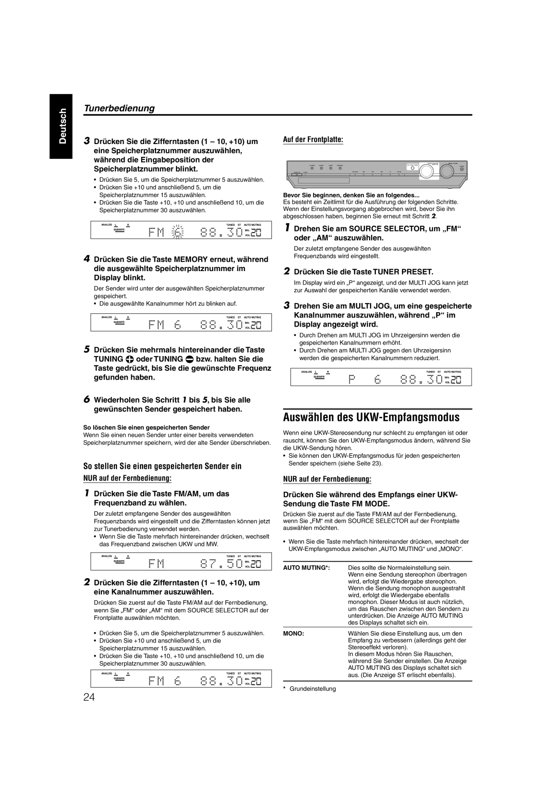 JVC XV-N55SL manual Auswählen des UKW-Empfangsmodus, Tunerbedienung, So stellen Sie einen gespeicherten Sender ein 