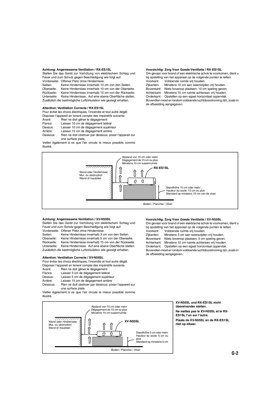 JVC XV-N55SL manual Achtung Angemessene Ventilation / RX-ES1SL, Voorzichtig Zorg Voor Goede Ventilatie / RX-ES1SL 