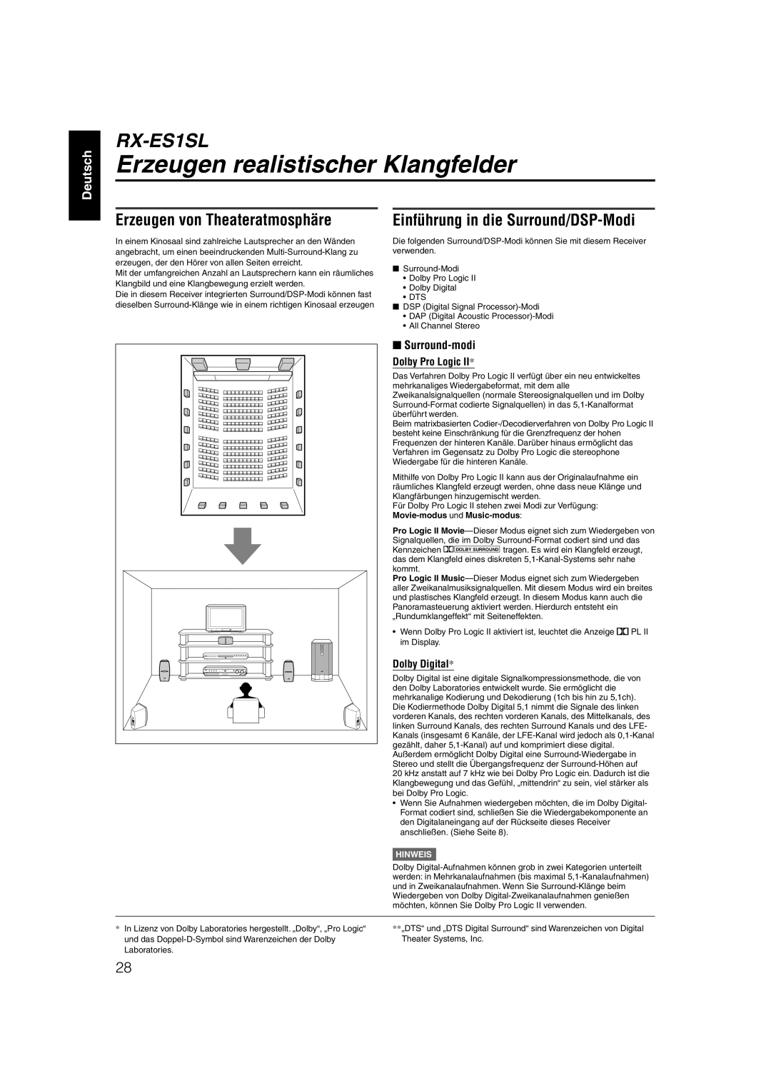 JVC XV-N55SL manual Erzeugen realistischer Klangfelder, Erzeugen von Theateratmosphäre, Einführung in die Surround/DSP-Modi 