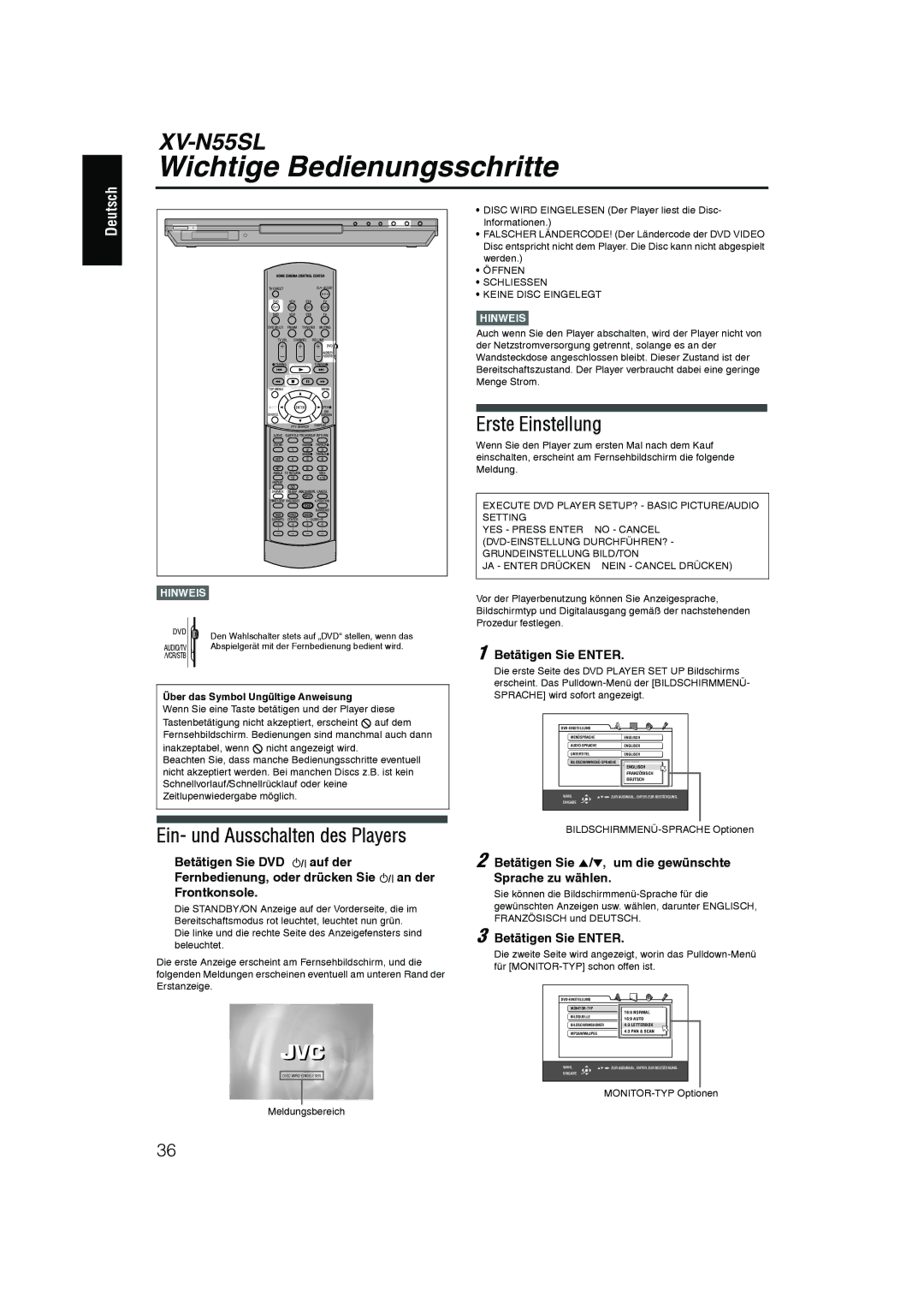 JVC XV-N55SL manual Wichtige Bedienungsschritte, Ein- und Ausschalten des Players, Erste Einstellung, Betätigen Sie Enter 