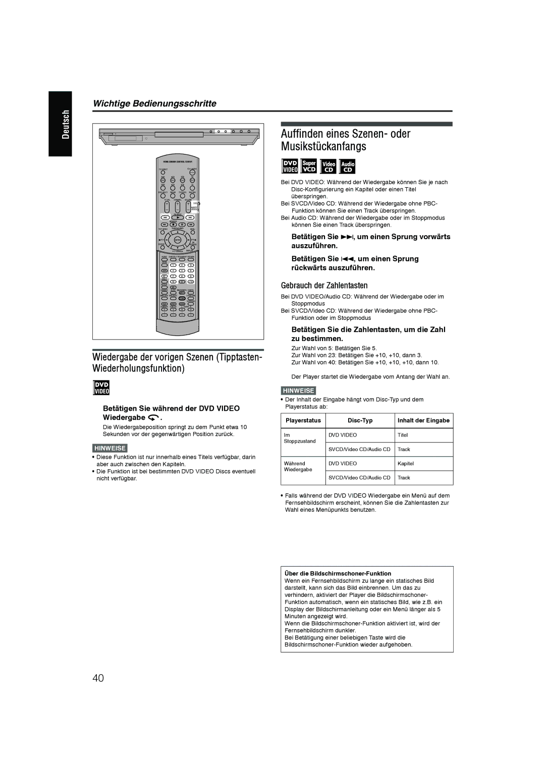 JVC XV-N55SL manual Auffinden eines Szenen- oder Musikstückanfangs, Gebrauch der Zahlentasten 