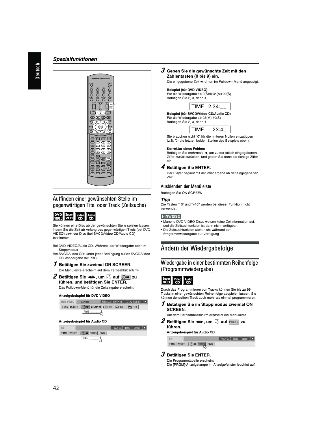 JVC XV-N55SL manual Ändern der Wiedergabefolge, Spezialfunktionen, Ausblenden der Menüleiste 