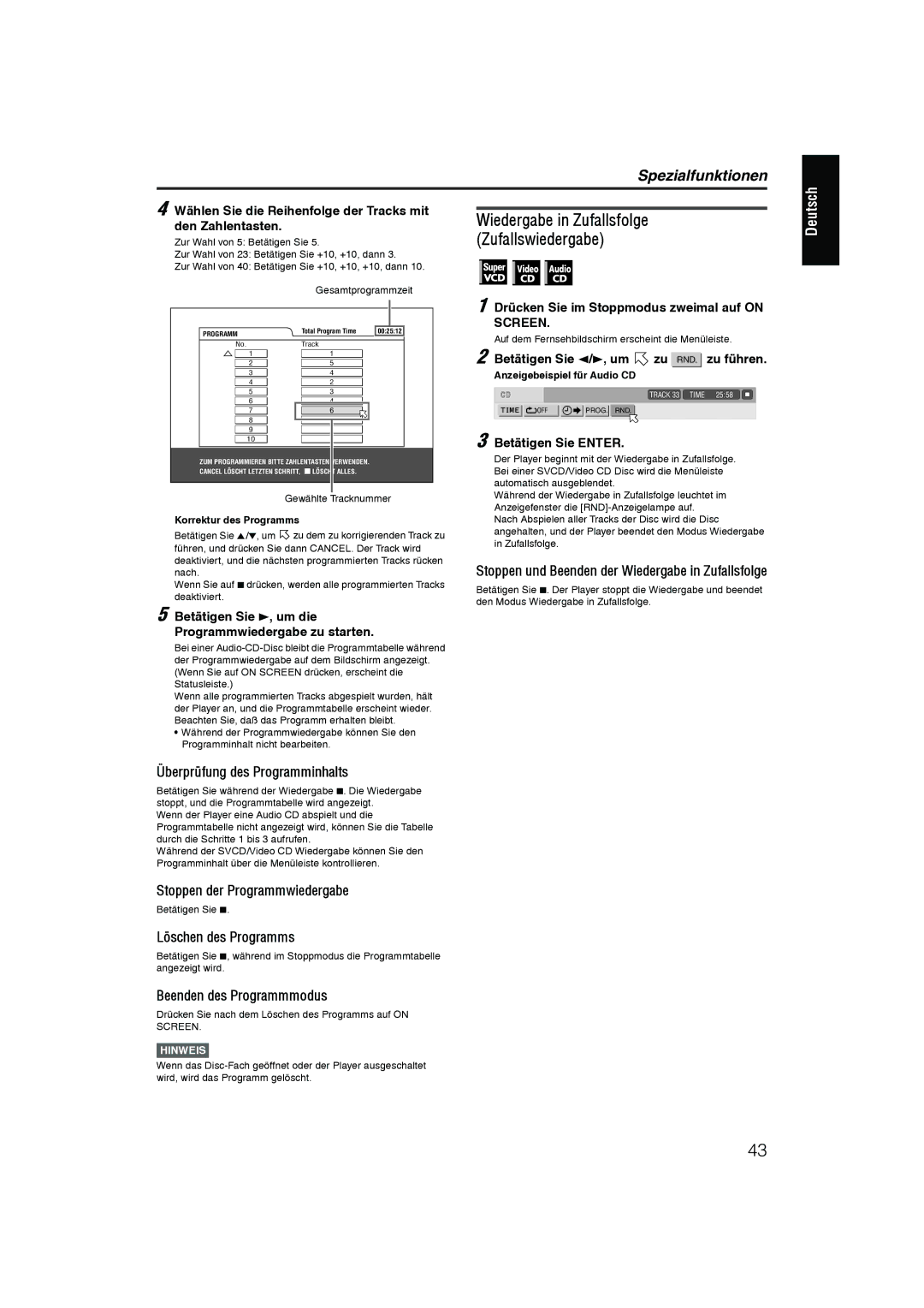 JVC XV-N55SL manual Wiedergabe in Zufallsfolge, Zufallswiedergabe 