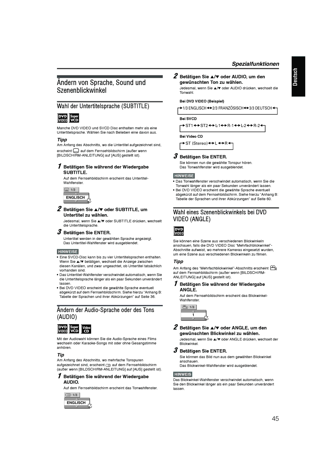 JVC XV-N55SL manual Ändern von Sprache, Sound und, Szenenblickwinkel, Wahl der Untertitelsprache Subtitle 