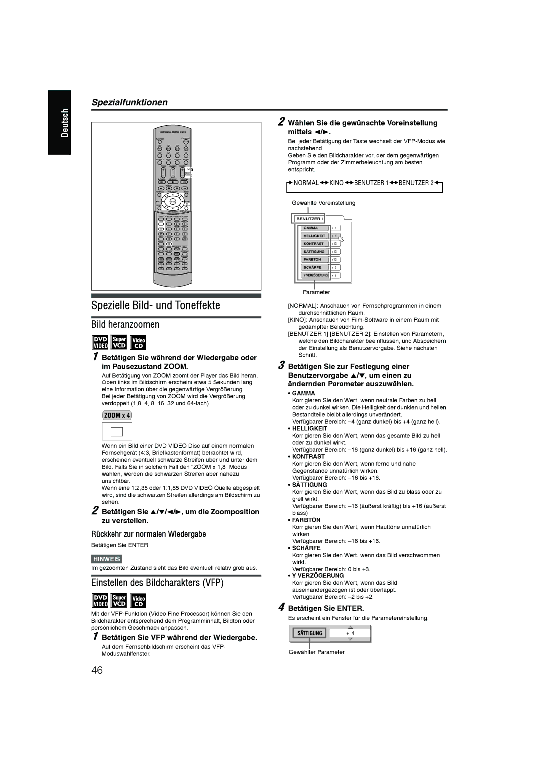 JVC XV-N55SL manual Spezielle Bild- und Toneffekte, Bild heranzoomen, Zoom x 