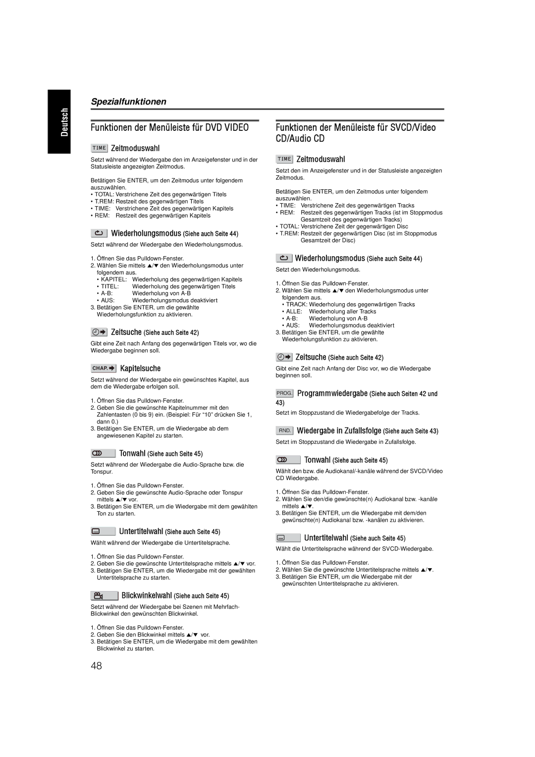 JVC XV-N55SL Funktionen der Menüleiste für DVD Video, Funktionen der Menüleiste für SVCD/Video CD/Audio CD, Zeitmoduswahl 