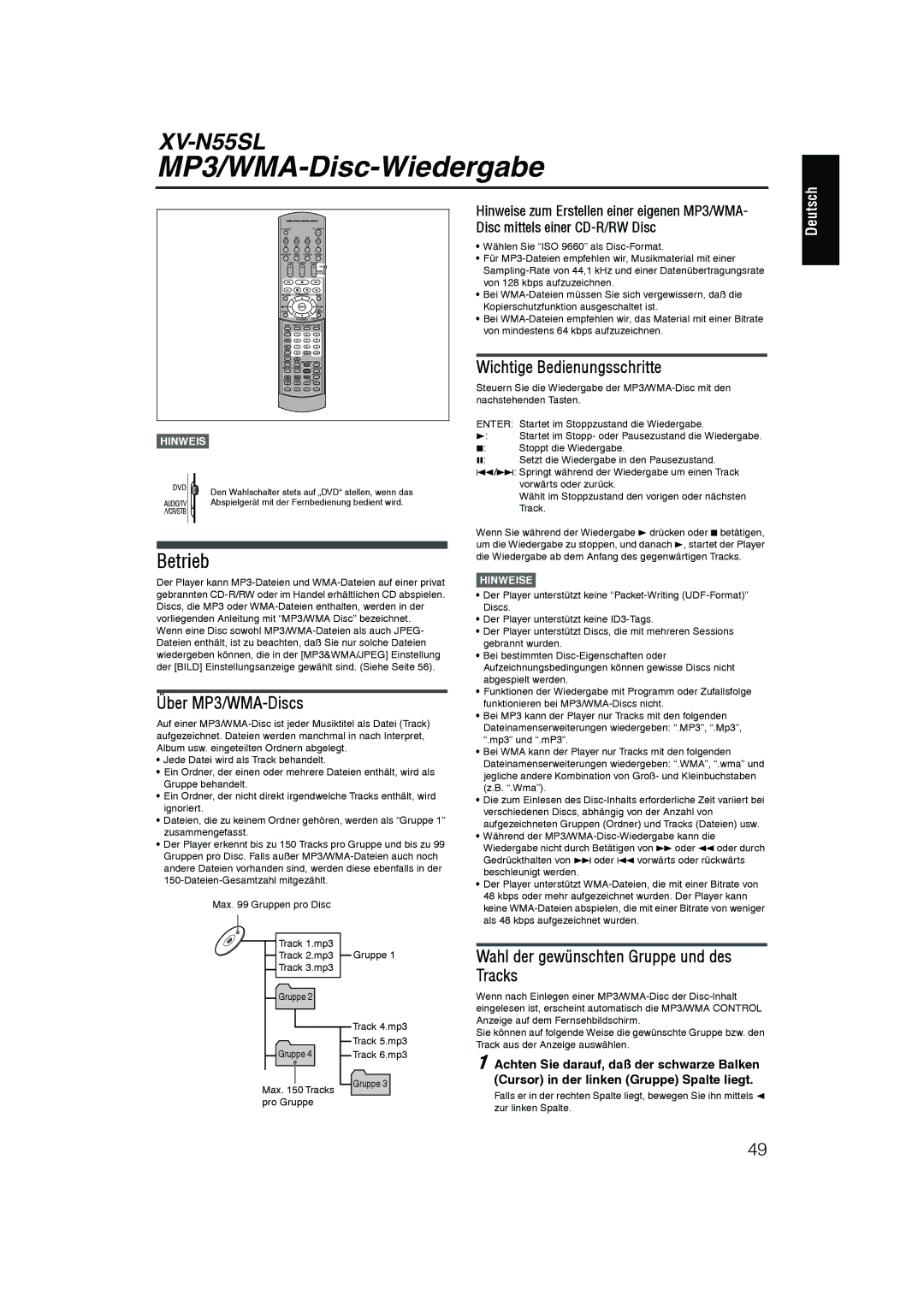 JVC XV-N55SL manual MP3/WMA-Disc-Wiedergabe, Betrieb, Wichtige Bedienungsschritte, Über MP3/WMA-Discs 