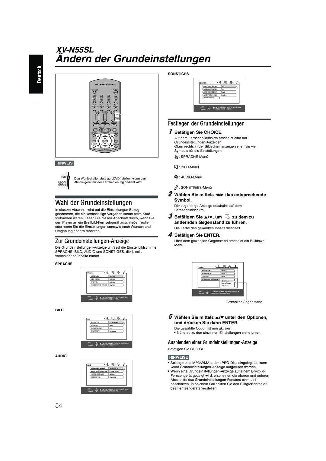 JVC XV-N55SL manual Ändern der Grundeinstellungen, Wahl der Grundeinstellungen, Zur Grundeinstellungen-Anzeige 