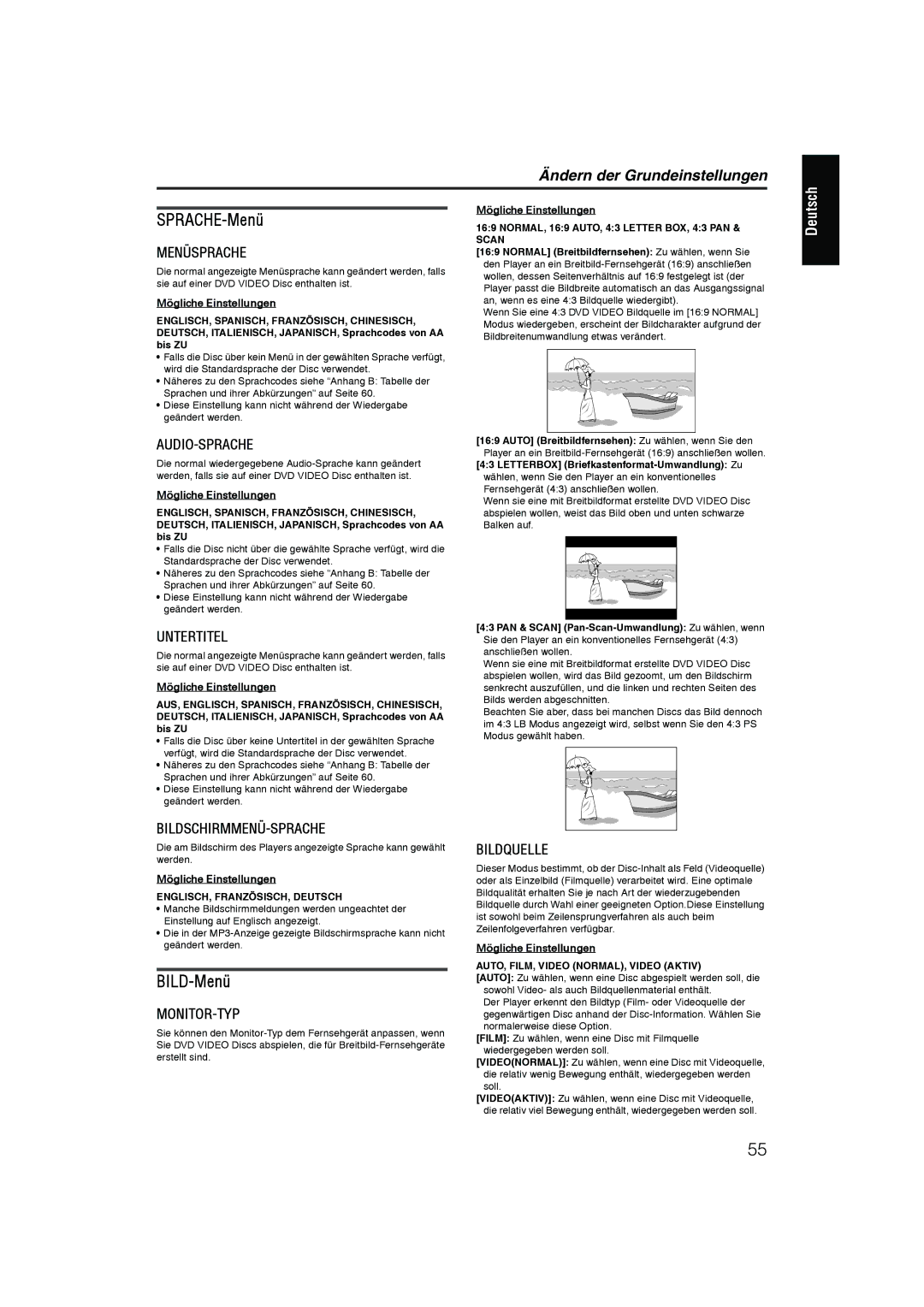JVC XV-N55SL manual SPRACHE-Menü, BILD-Menü, Ändern der Grundeinstellungen 