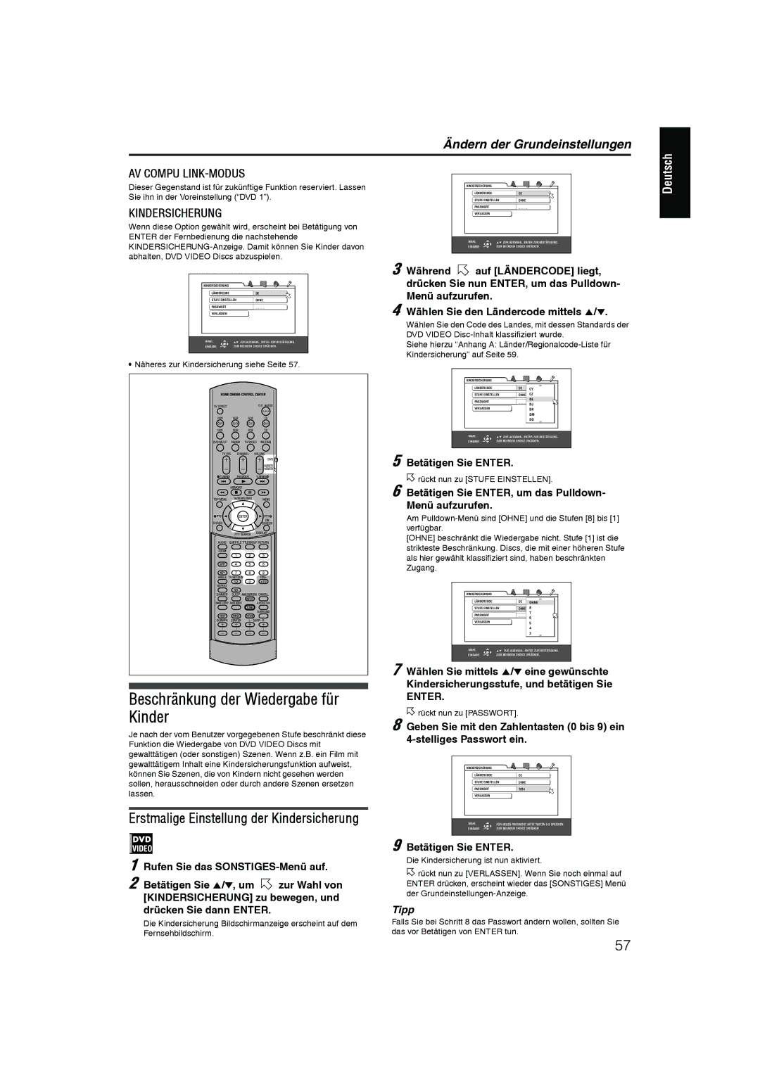 JVC XV-N55SL manual Beschränkung der Wiedergabe für Kinder 