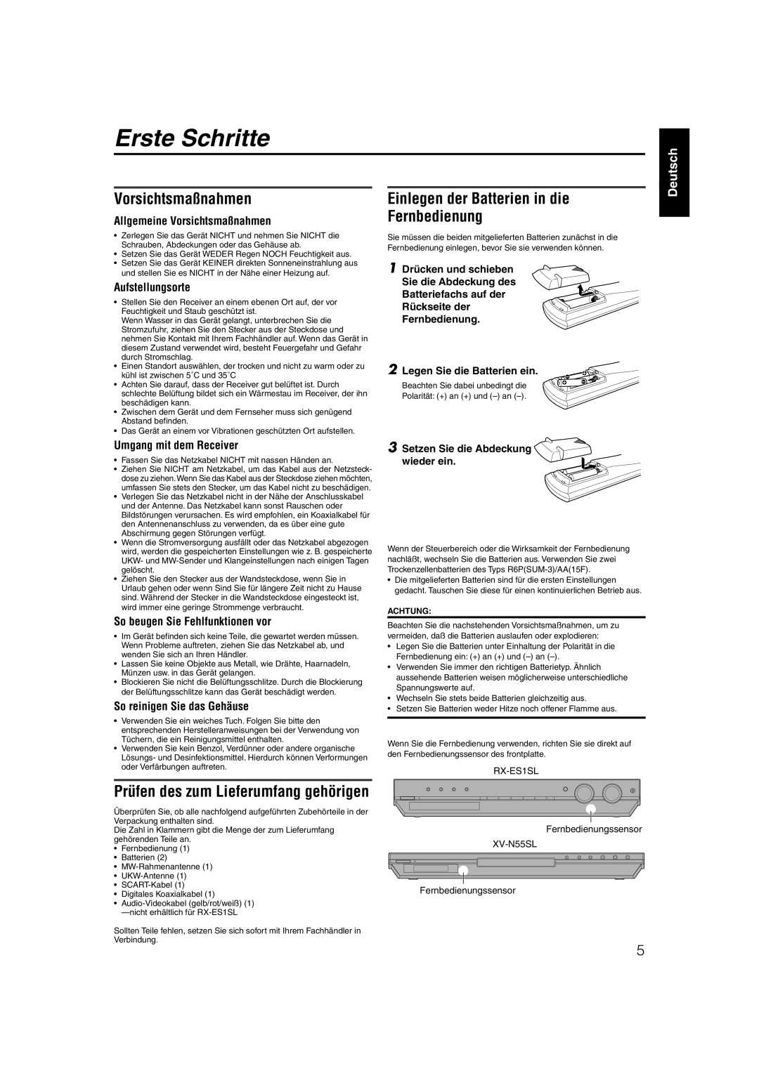 JVC XV-N55SL manual Erste Schritte, Vorsichtsmaßnahmen, Einlegen der Batterien in die Fernbedienung 