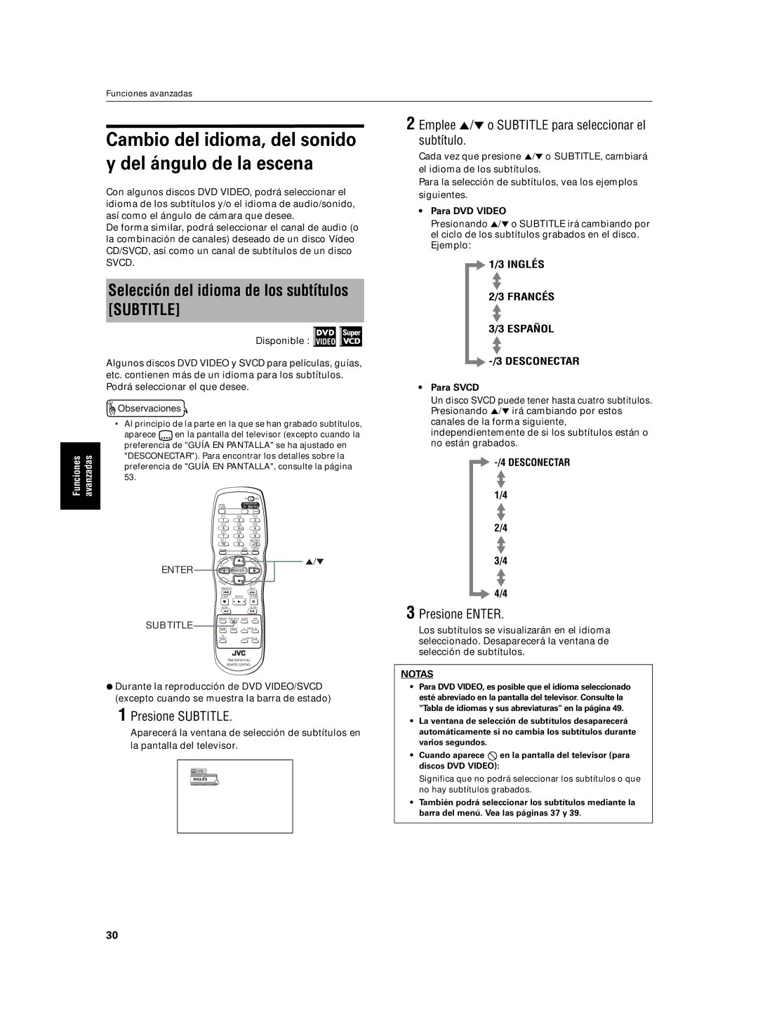 JVC XV-N5SL manual Selección del idioma de los subtítulos Subtitle, Presione Subtitle, Para DVD Video, Para Svcd 