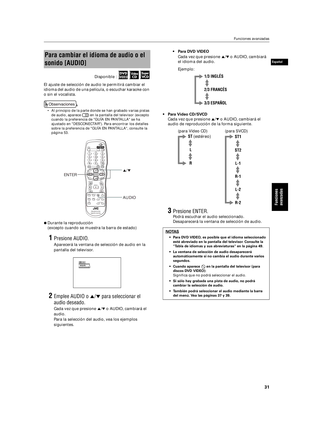 JVC XV-N5SL manual Para cambiar el idioma de audio o el sonido Audio, Presione Audio, Para Vídeo CD/SVCD 