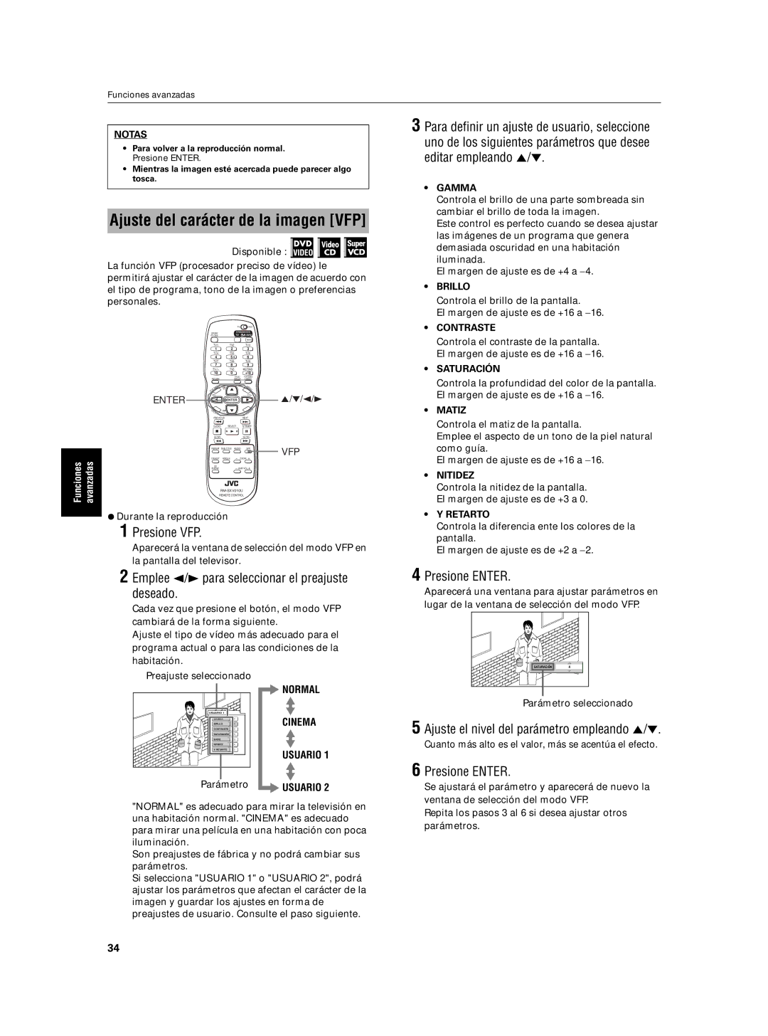 JVC XV-N5SL manual Ajuste del carácter de la imagen VFP, Presione VFP, Emplee 2/3 para seleccionar el preajuste deseado 