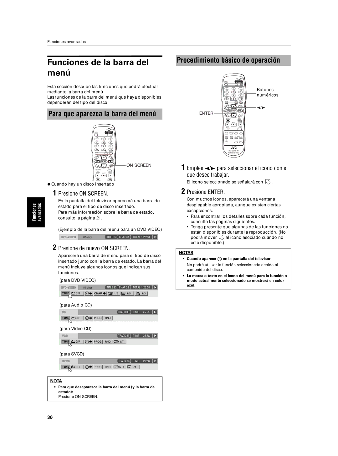 JVC XV-N5SL manual Funciones de la barra del menú, Procedimiento básico de operación, Para que aparezca la barra del menú 