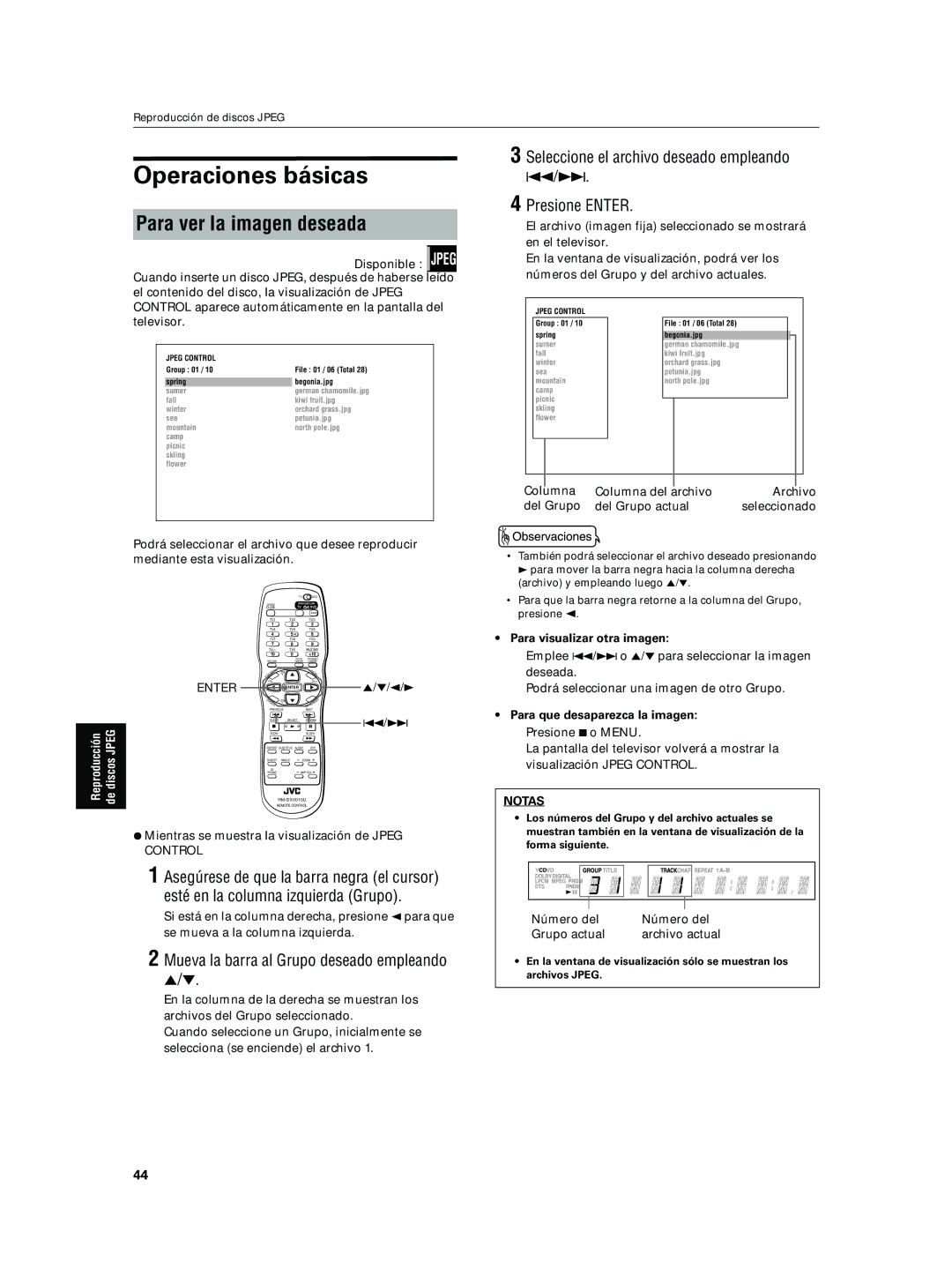 JVC XV-N5SL manual Operaciones básicas, Para ver la imagen deseada, Seleccione el archivo deseado empleando Presione Enter 