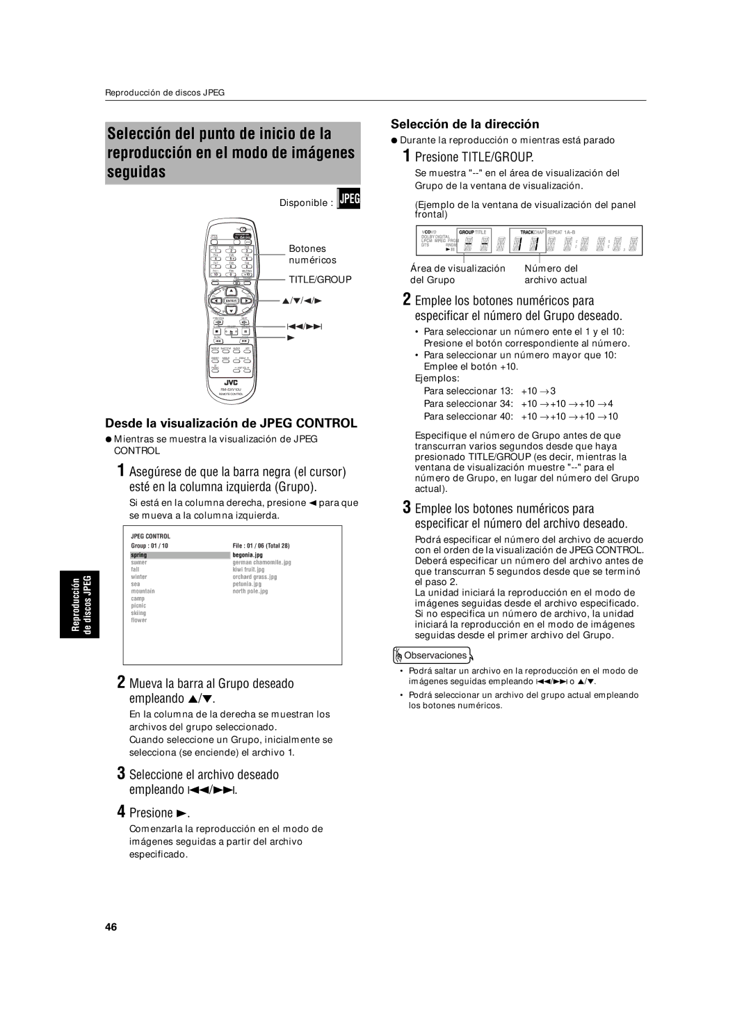 JVC XV-N5SL manual Selección de la dirección, Desde la visualización de Jpeg Control, Disponible Jpeg Botones numéricos 