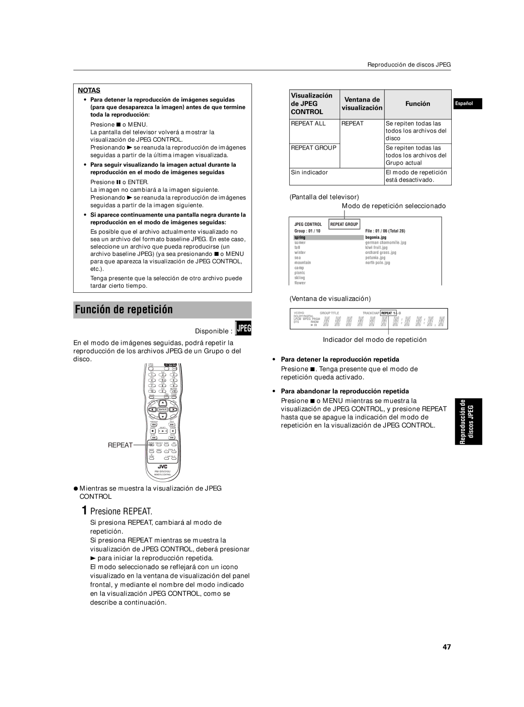 JVC XV-N5SL manual Función de repetición, Visualización Ventana de De Jpeg Función 