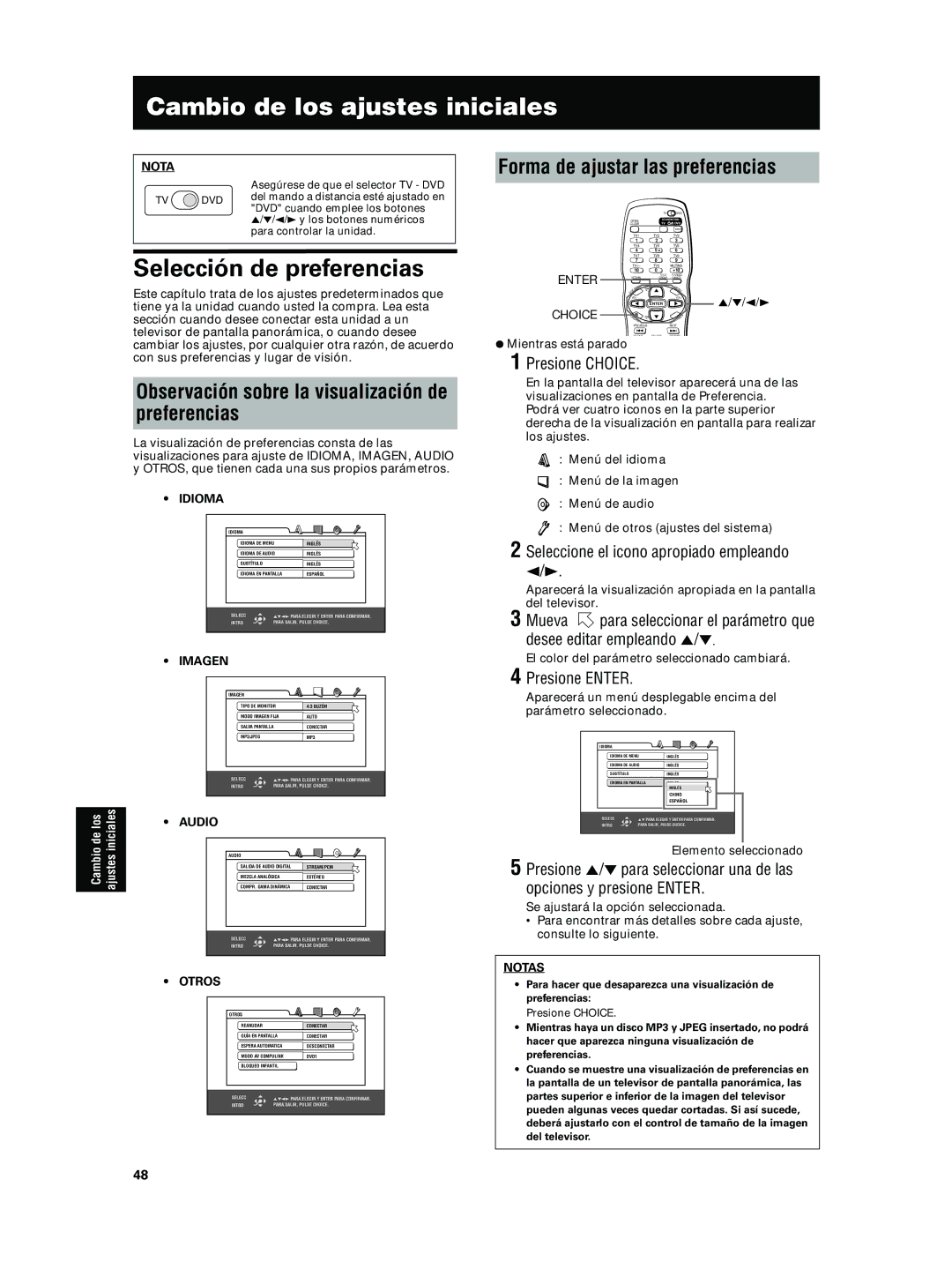 JVC XV-N5SL Cambio de los ajustes iniciales, Selección de preferencias, Observación sobre la visualización de preferencias 